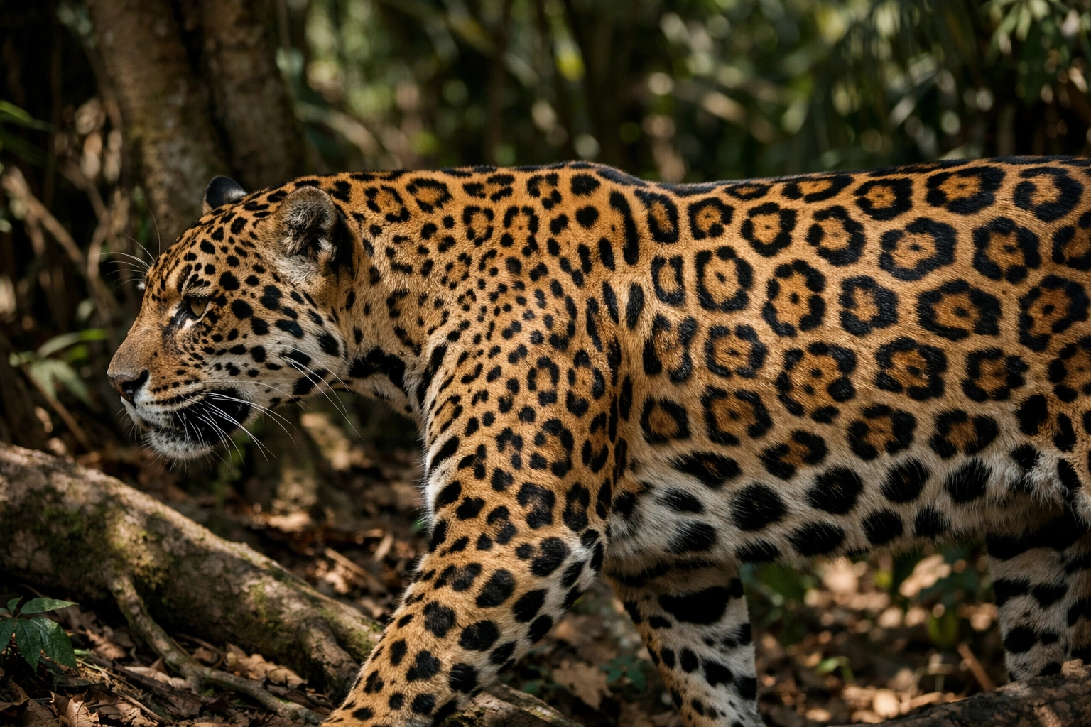 Wild Jaguar moving through a natural jungle habitat highlighting accurate species rosette patterns.