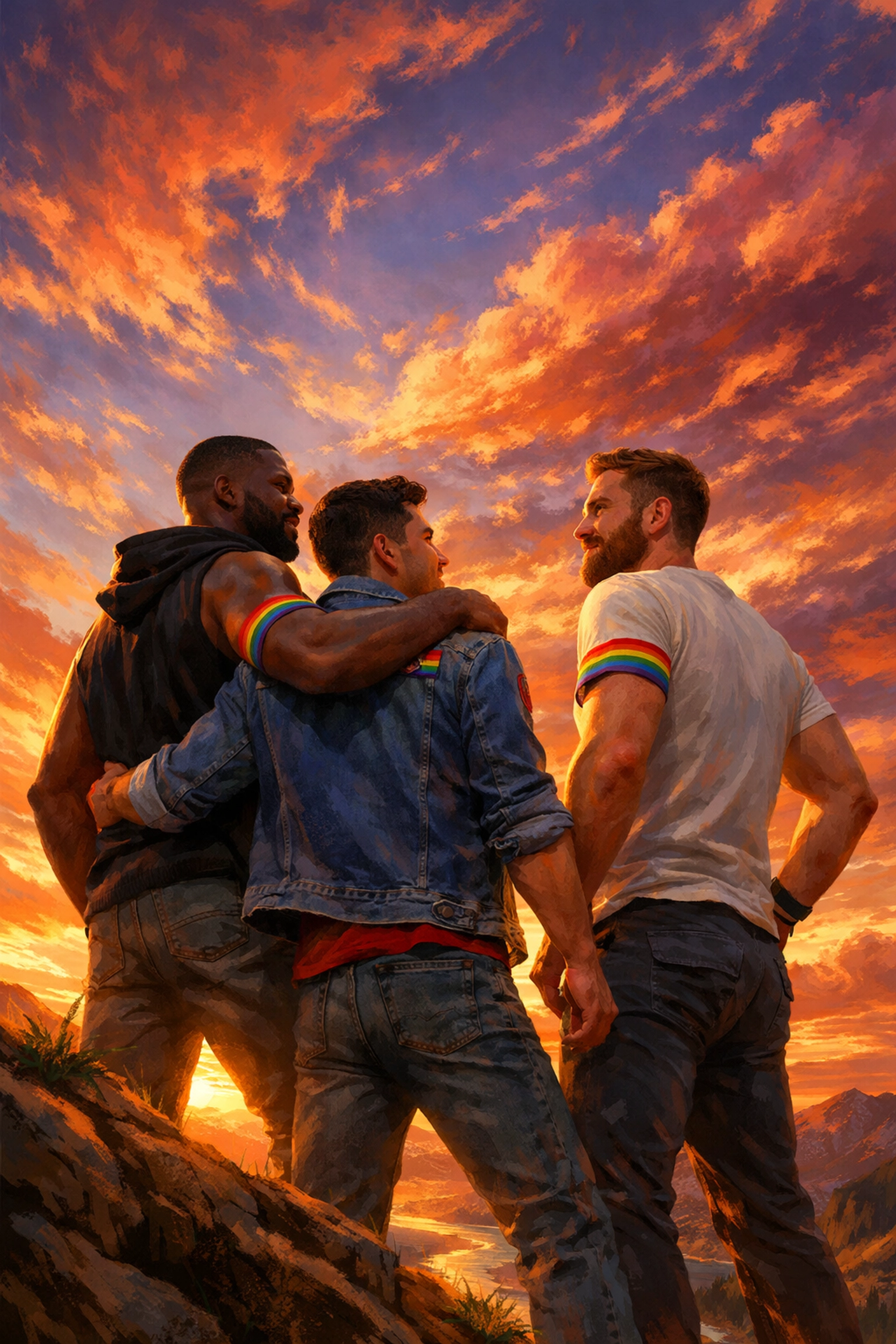A group of diverse queer men at sunset representing found family and biological pride.