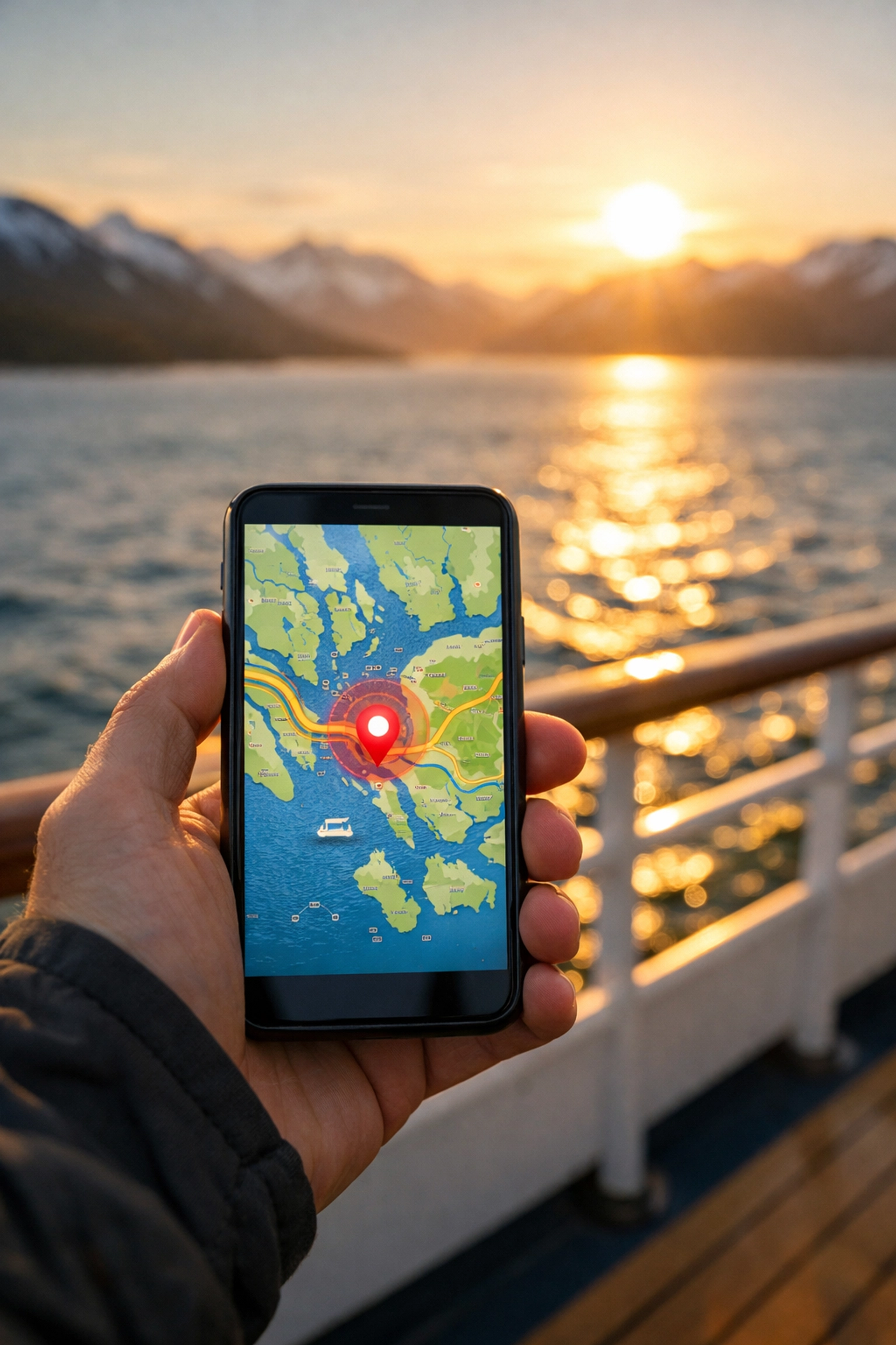 A cruiser using a smartphone for navigation on a ship deck while sailing through the Alaska Inside Passage.