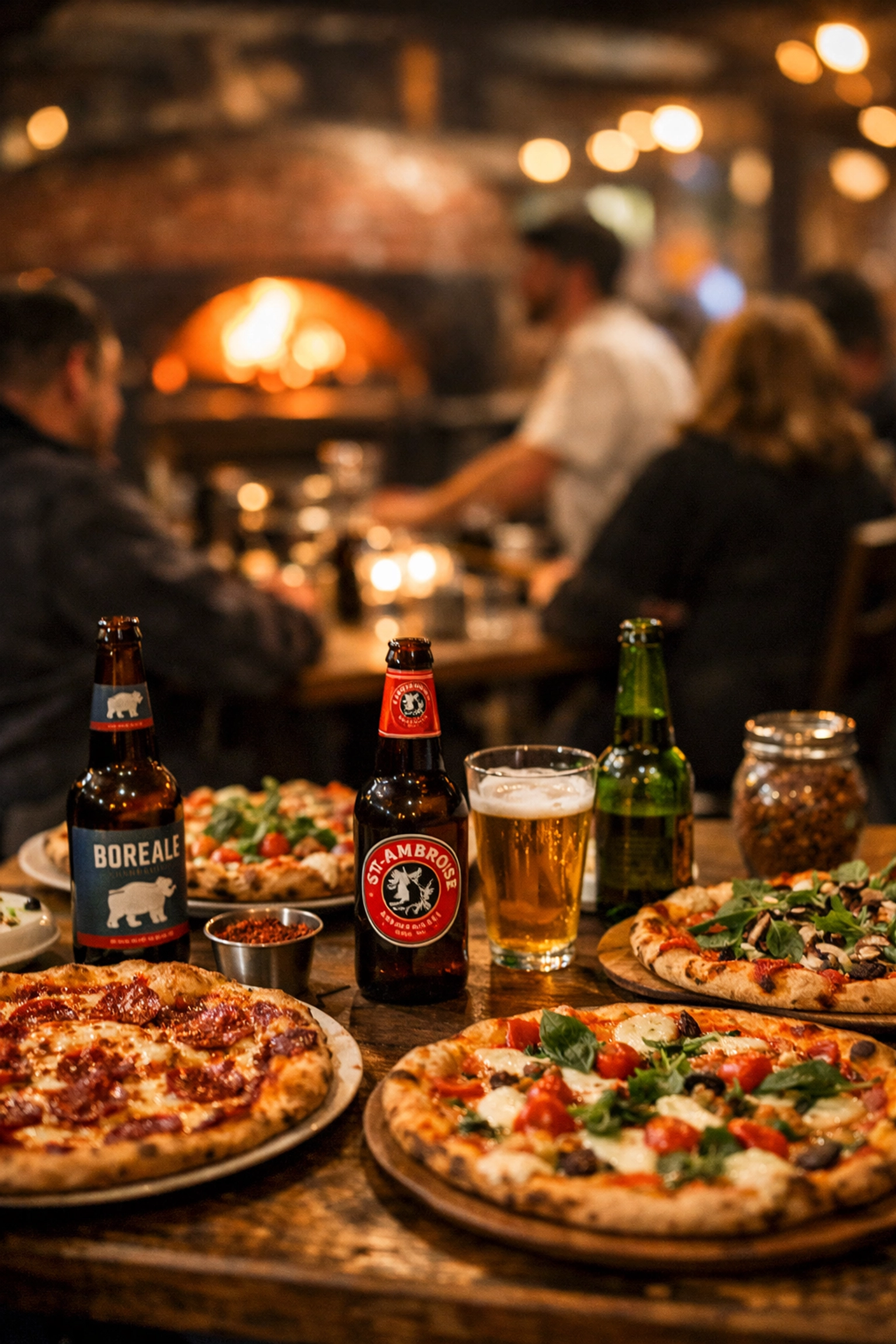 A lively dinner scene with pizzas and craft beer at Pizzeria Heirloom in Montreal.