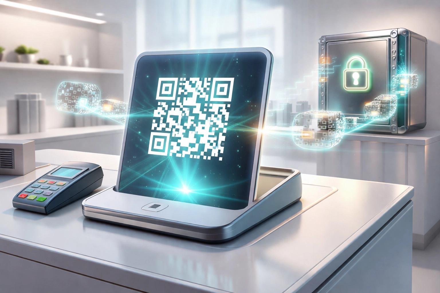 Modern point-of-sale with QR code and blockchain connection, highlighting seamless self-custody crypto payments for merchants.