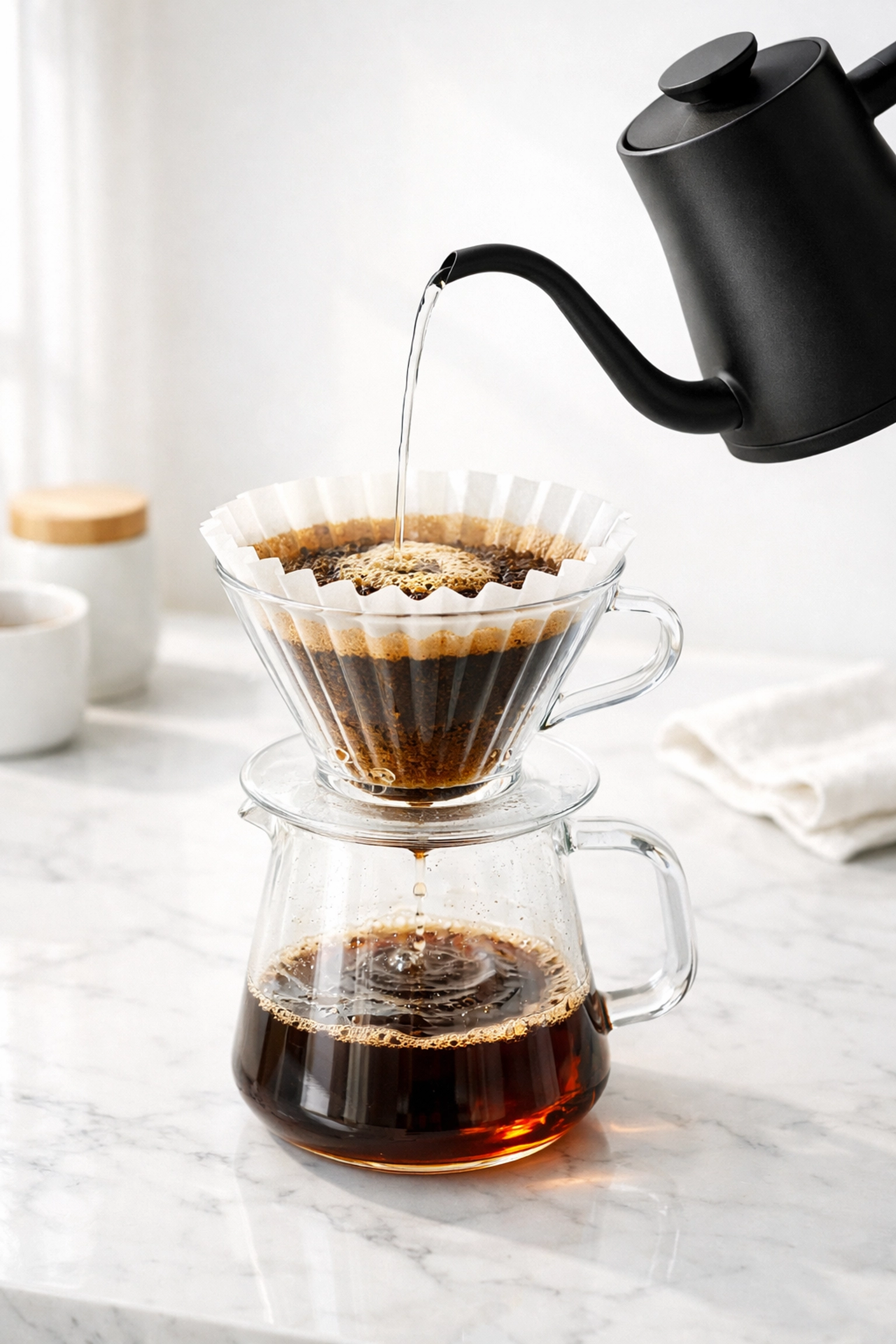 A precise pour-over coffee brewing ritual, demonstrating the quality expected in a specialty café.