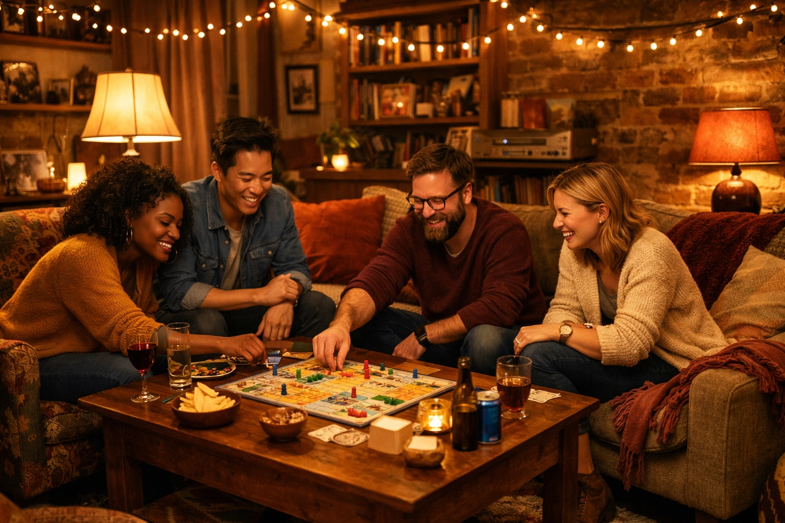 Friends playing board games in cozy living room, showing recurring weekly gatherings building community