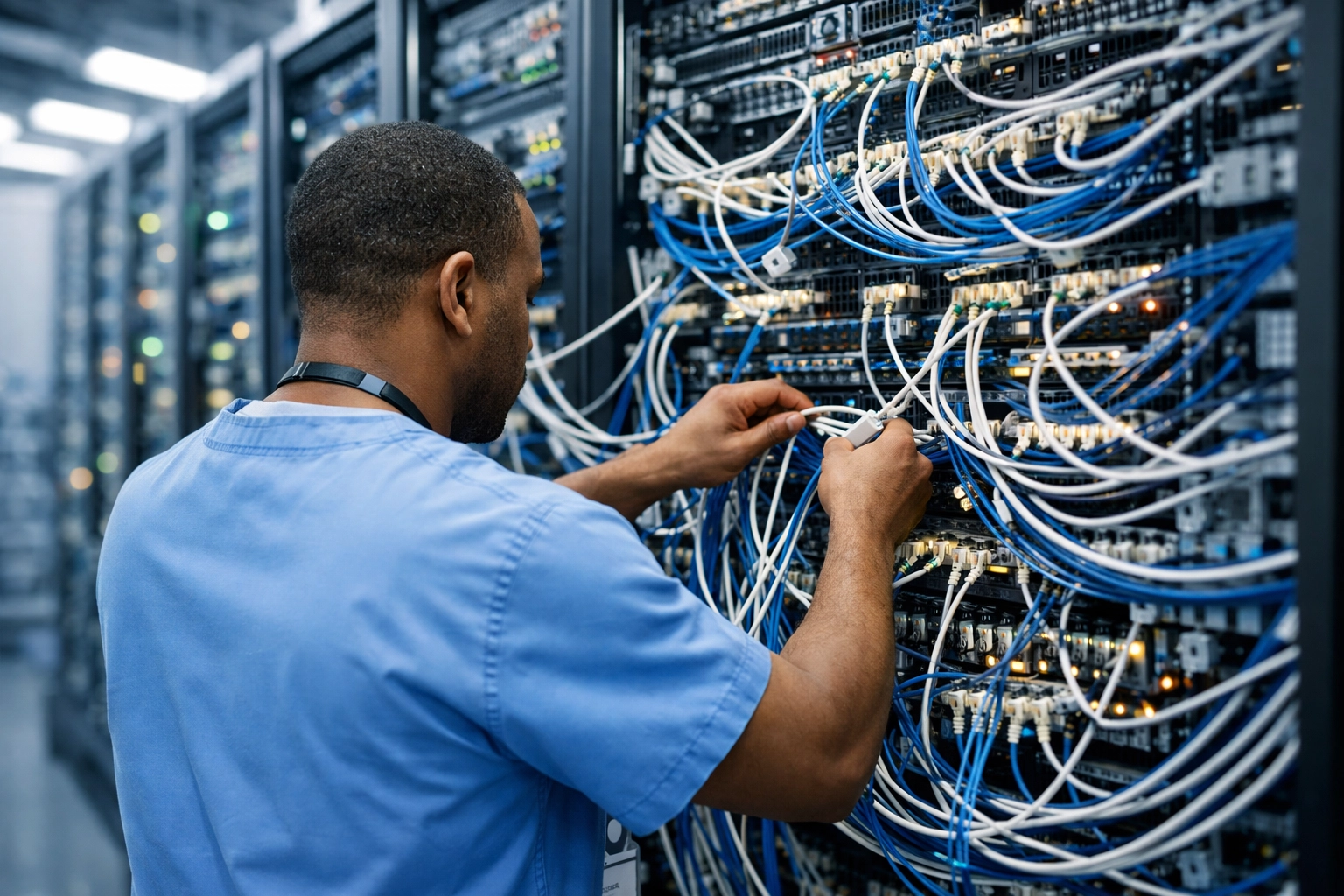 Hospital IT professional managing complex server infrastructure for healthcare AI implementation.