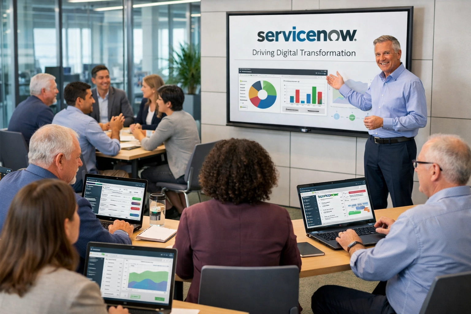 Employees participating in ServiceNow training session for organizational change management