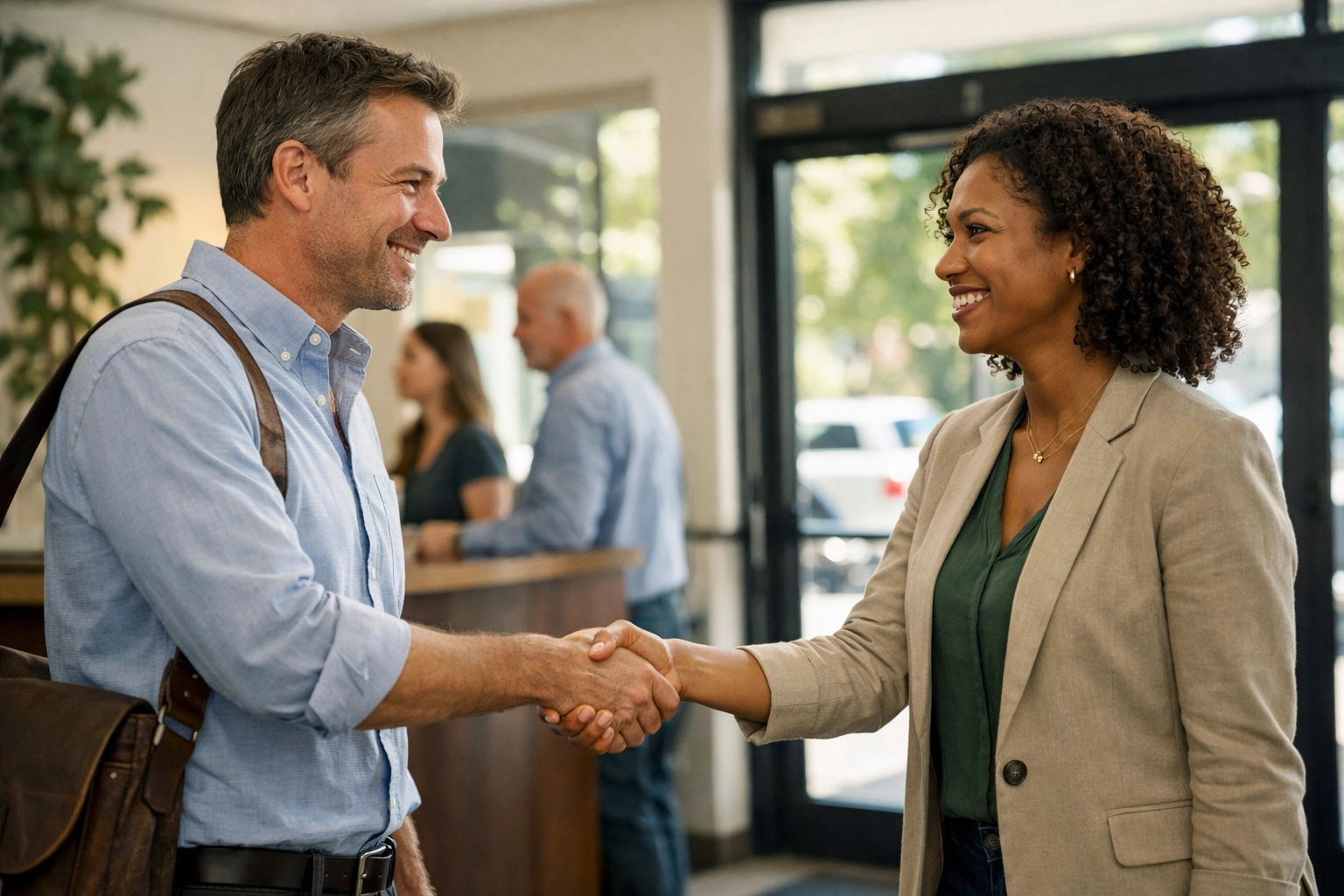 Cinematic handshake between two professionals in a bright office lobby, conveying trust and community with crisp focus and natural color.