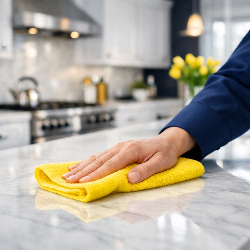 Professional cleaner polishing a marble countertop for luxury Shrewsbury Estate Maintenance.