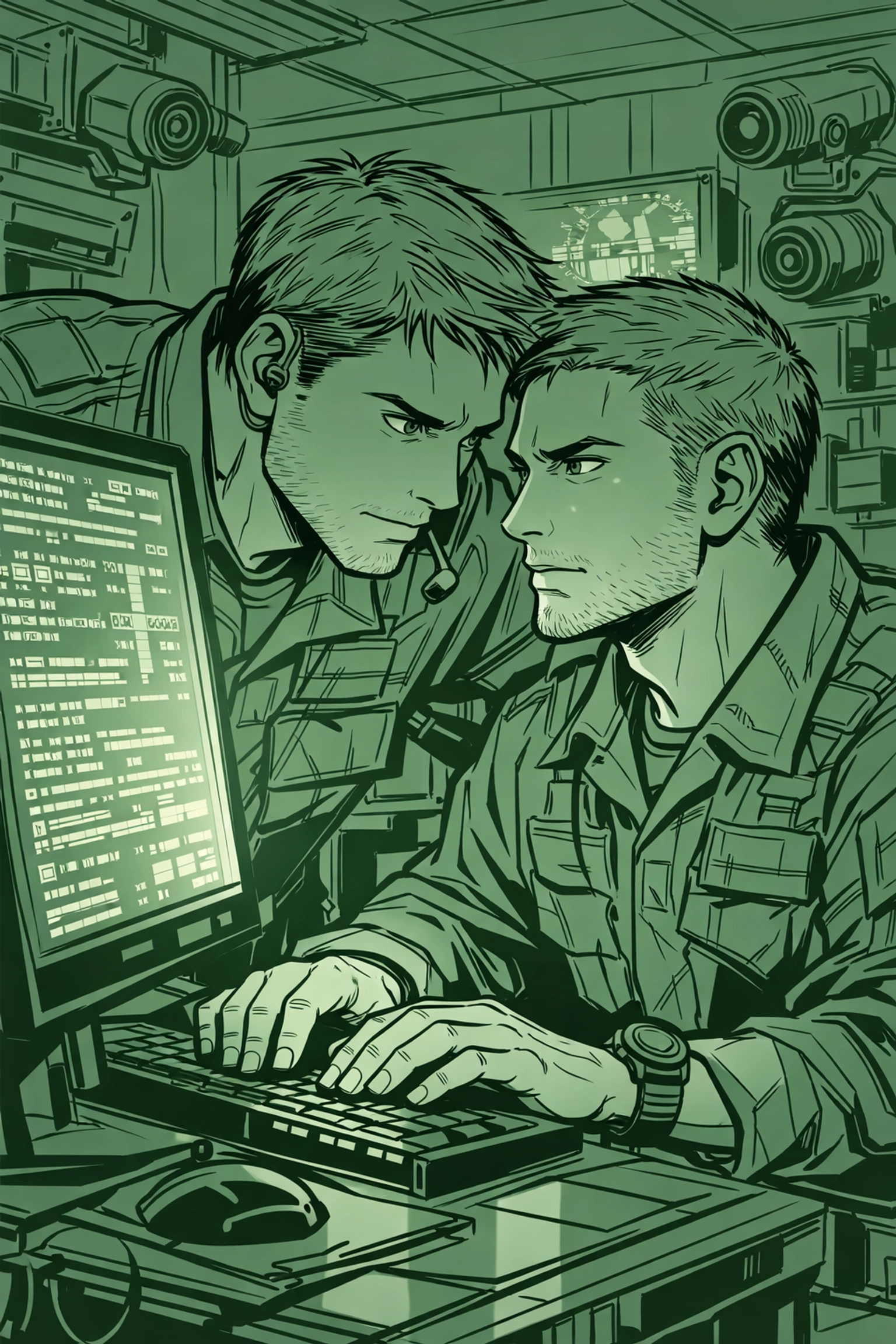 Two male military intelligence analysts share an intimate moment while working late at computer screens