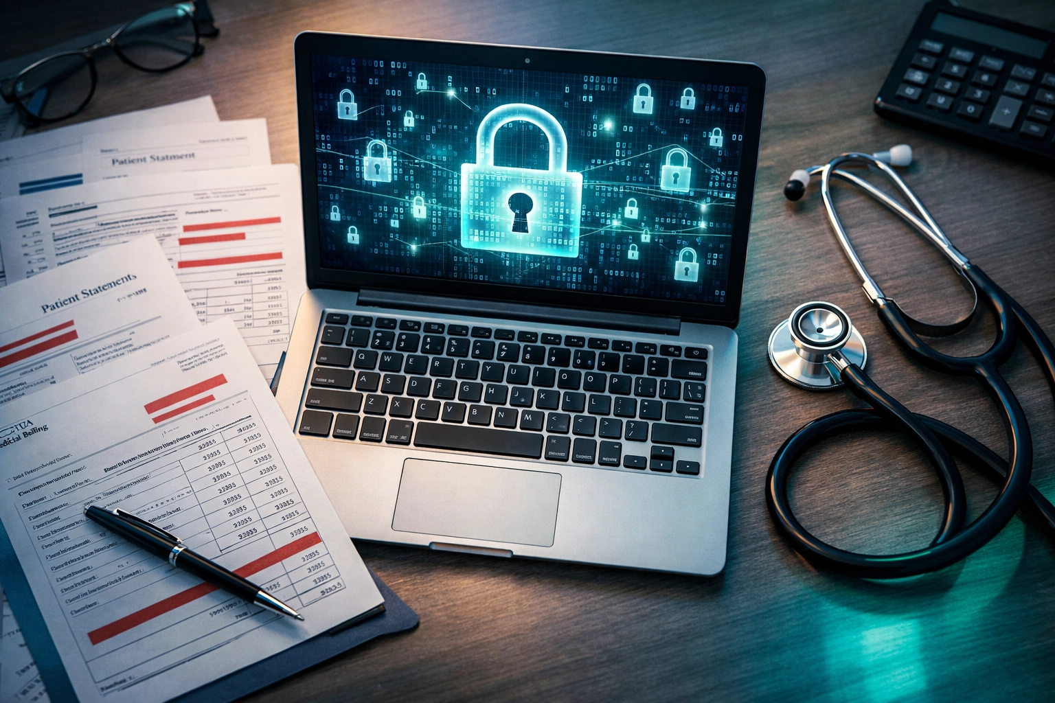 Secure medical billing data with encryption on laptop surrounded by healthcare documents