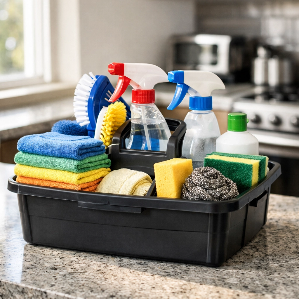 Professional cleaning supplies organized on apartment kitchen counter for turnover service
