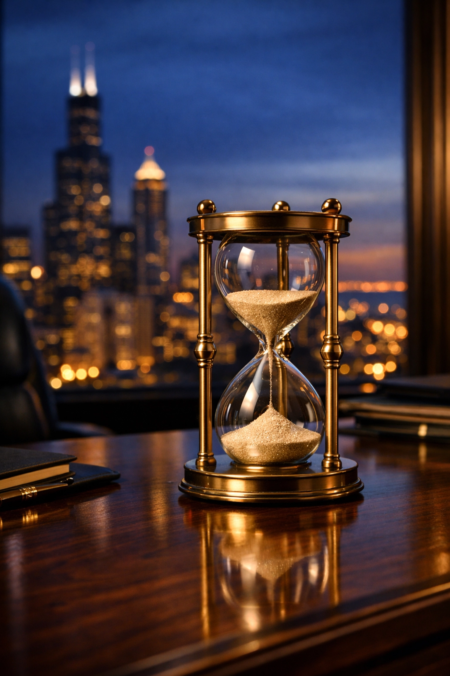 An hourglass on a Chicago executive desk symbolizing the 10-year distribution deadline for inherited IRAs.