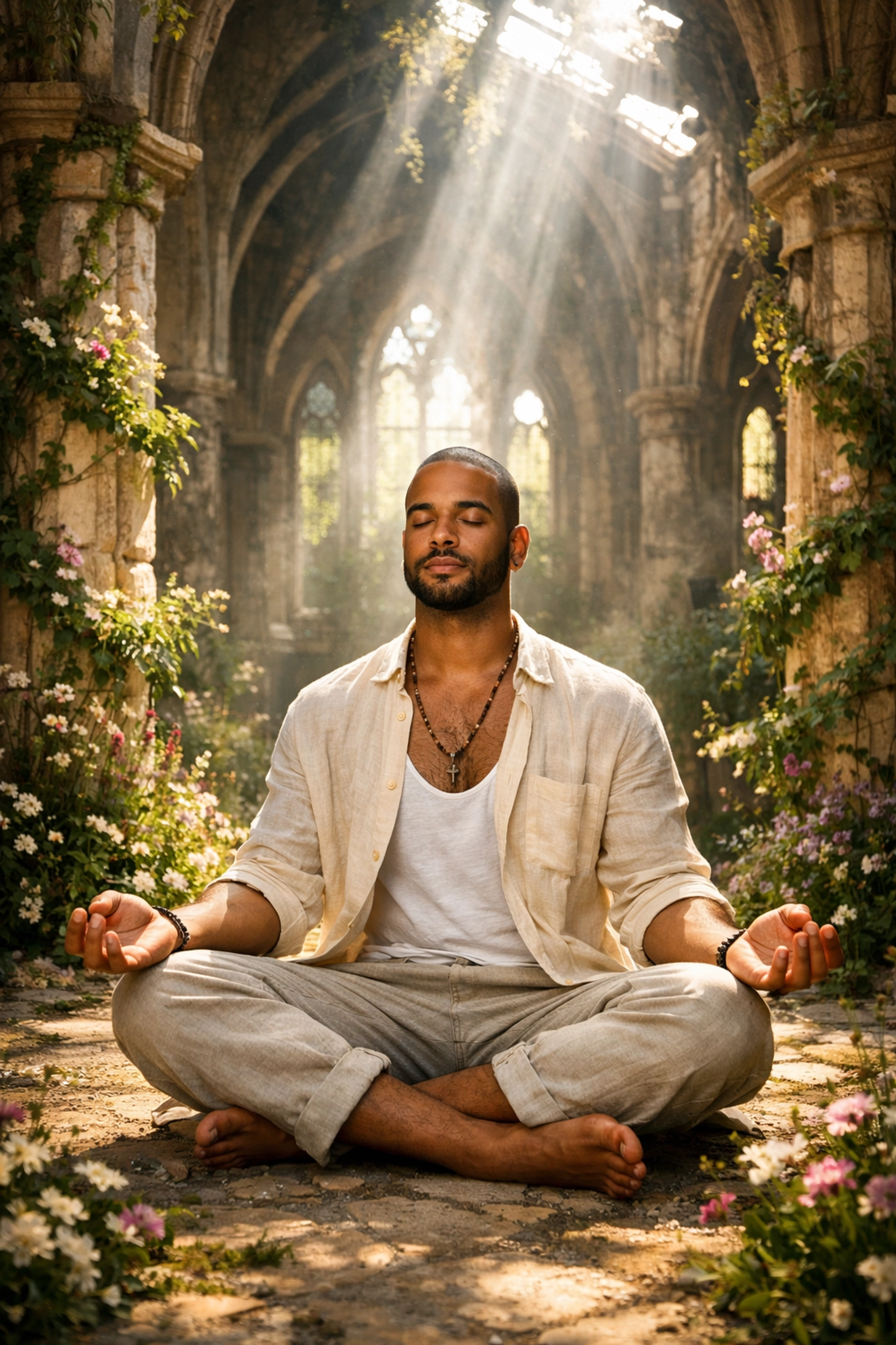 A gay man meditating in a sunlit cathedral reclaimed by nature, symbolizing authentic queer spirituality.