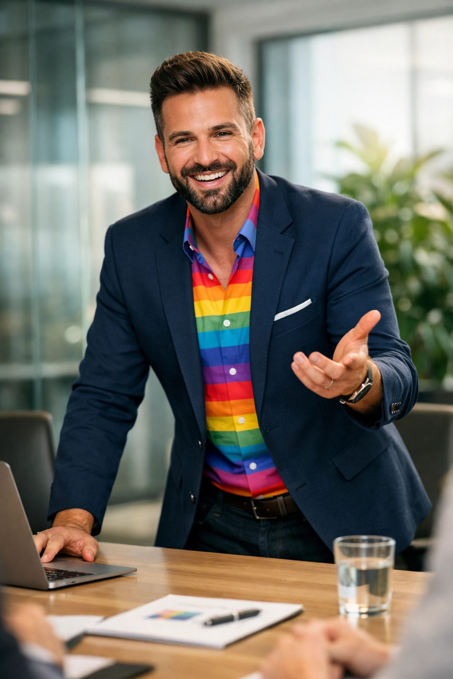A confident gay male leader wearing a subtle rainbow shirt presents in a modern inclusive boardroom.