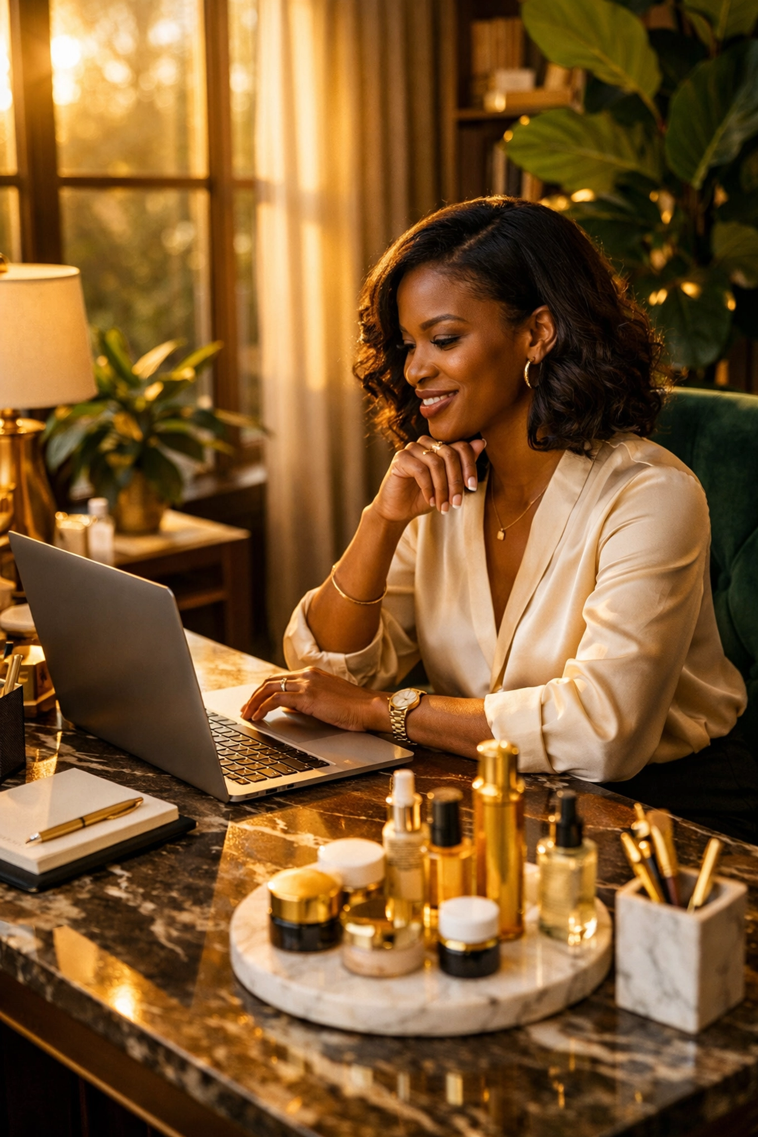 Black woman entrepreneur reviewing beauty products online supporting Black-owned brands