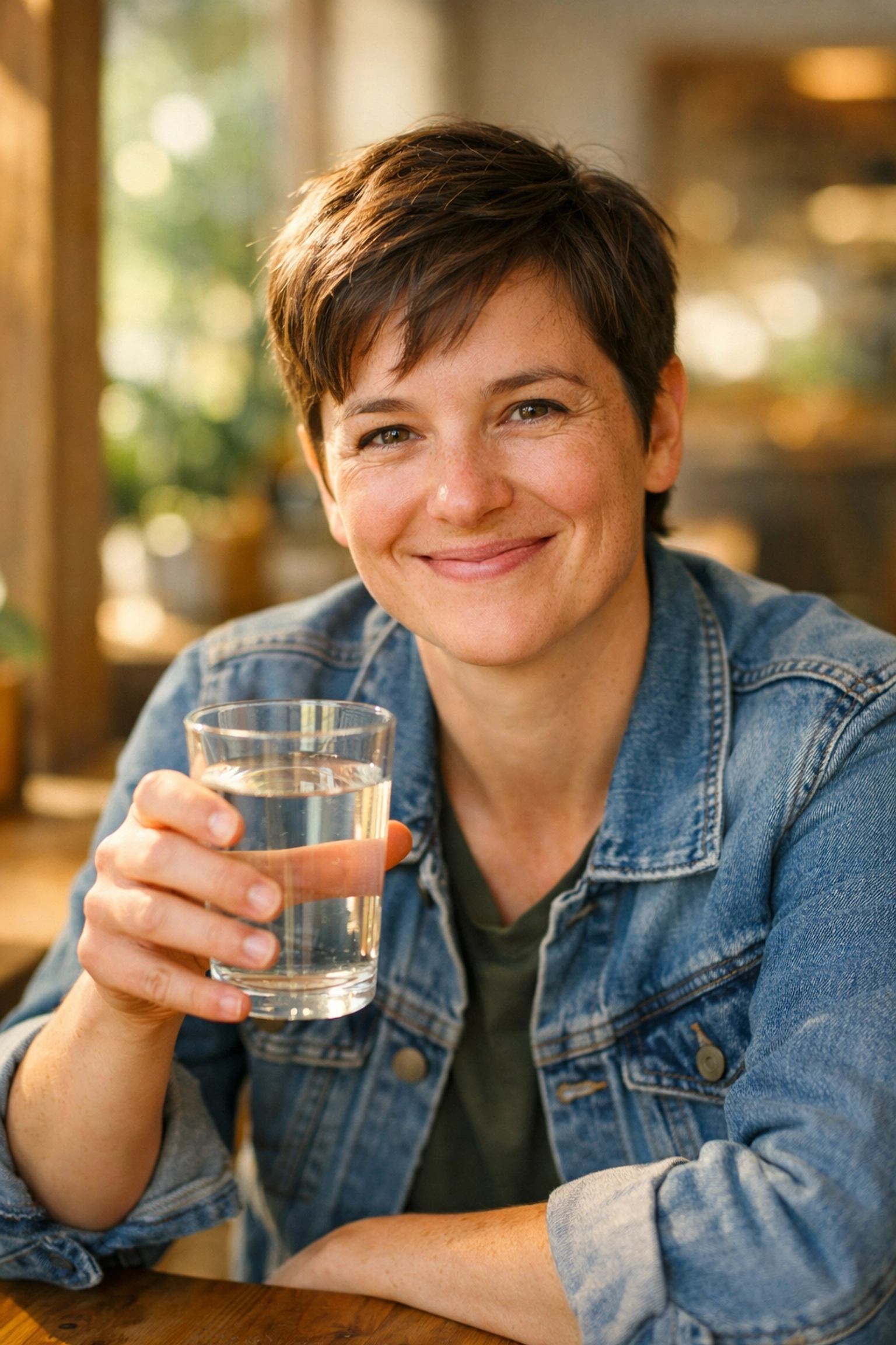 A person smiling in a cafe representing transparency and trust in affiliate marketing.