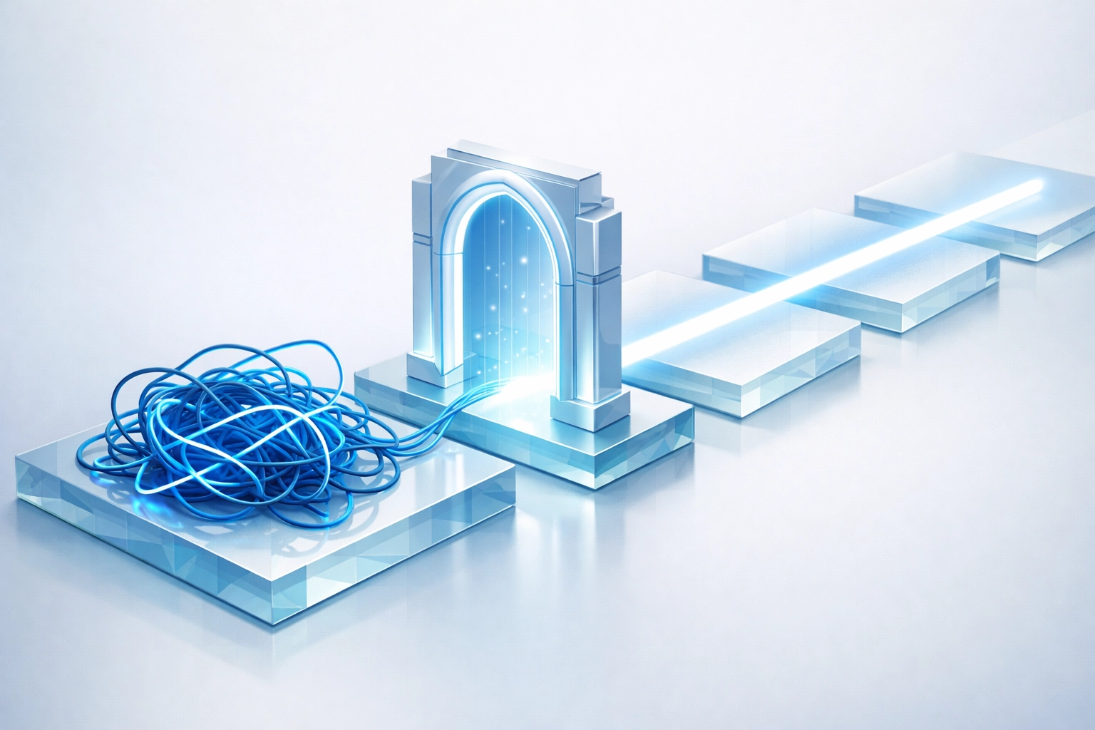 AI workflow optimization gate transforming messy manual processes into streamlined digital efficiency.