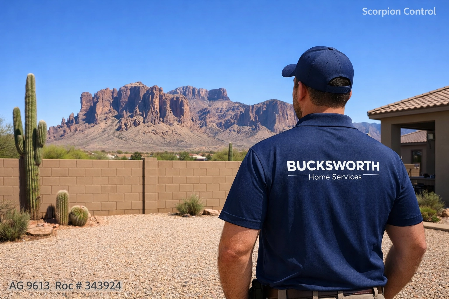 Bucksworth technician inspecting a Gold Canyon backyard for scorpions near the Superstition Mountains.
