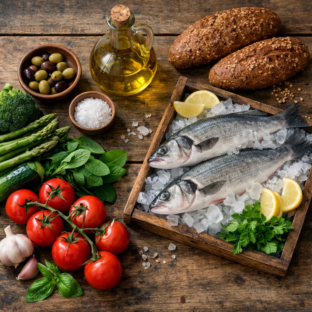 Mediterrán étrend összetevői: zöldségek, hal, olívaolaj a potencia javításához