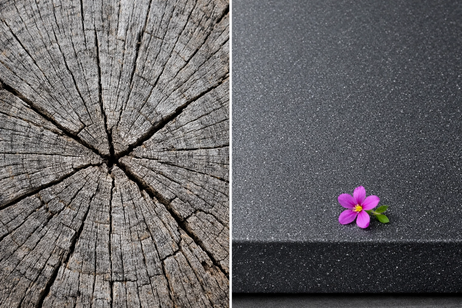 Comparison of weathered Australian timber plank and durable recycled plastic slab for public infrastructure.