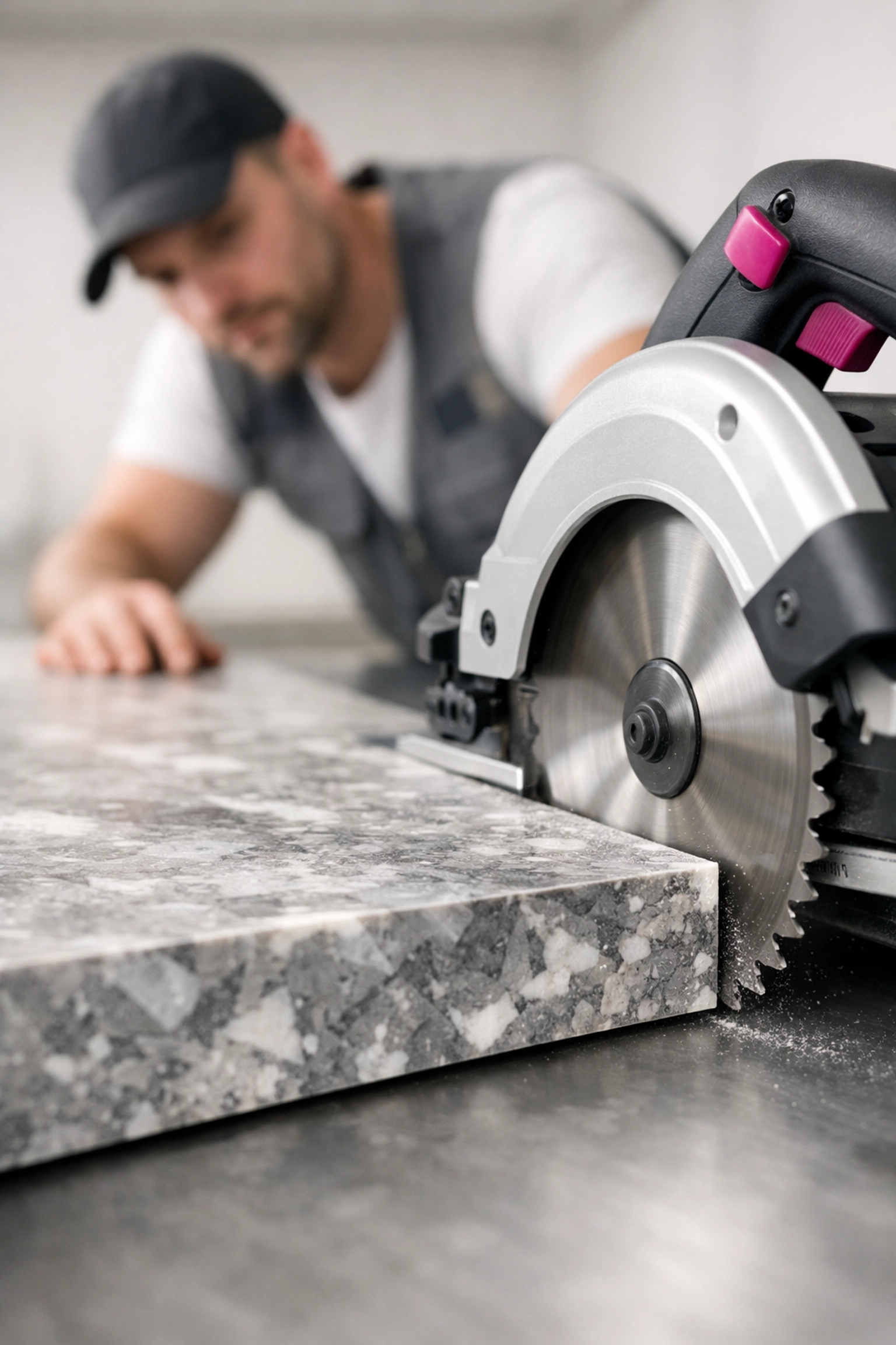Cutting a 2400x1200mm marbled recycled plastic sheet with a circular saw for Australian sustainable building.