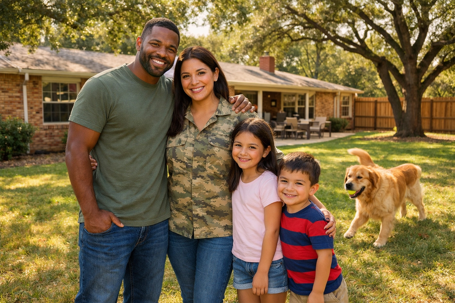 Military family enjoying large fenced backyard in Point O' View Virginia Beach home