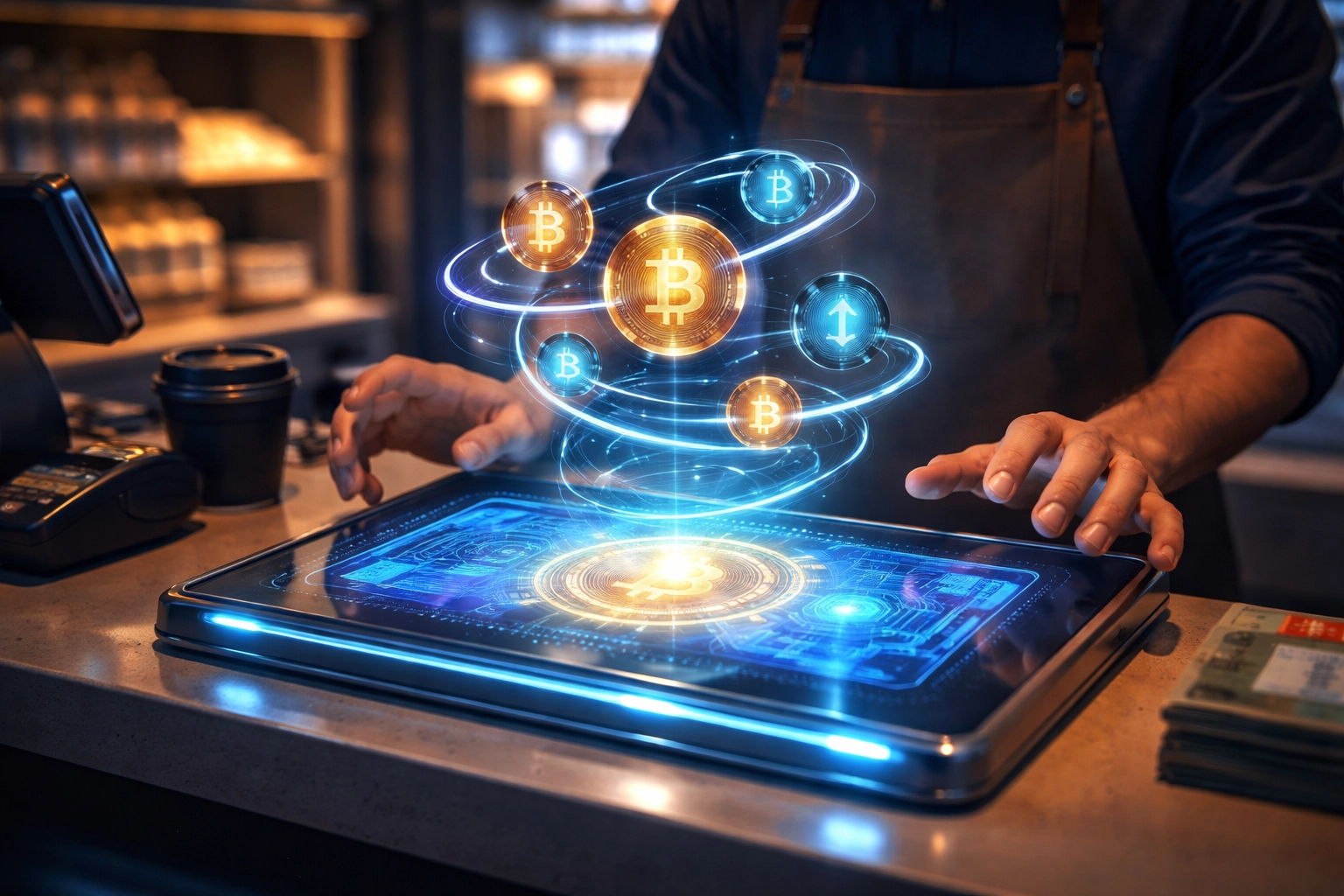A small business uses a modern crypto POS system with holographic payment options, highlighting Web3 payments innovation.