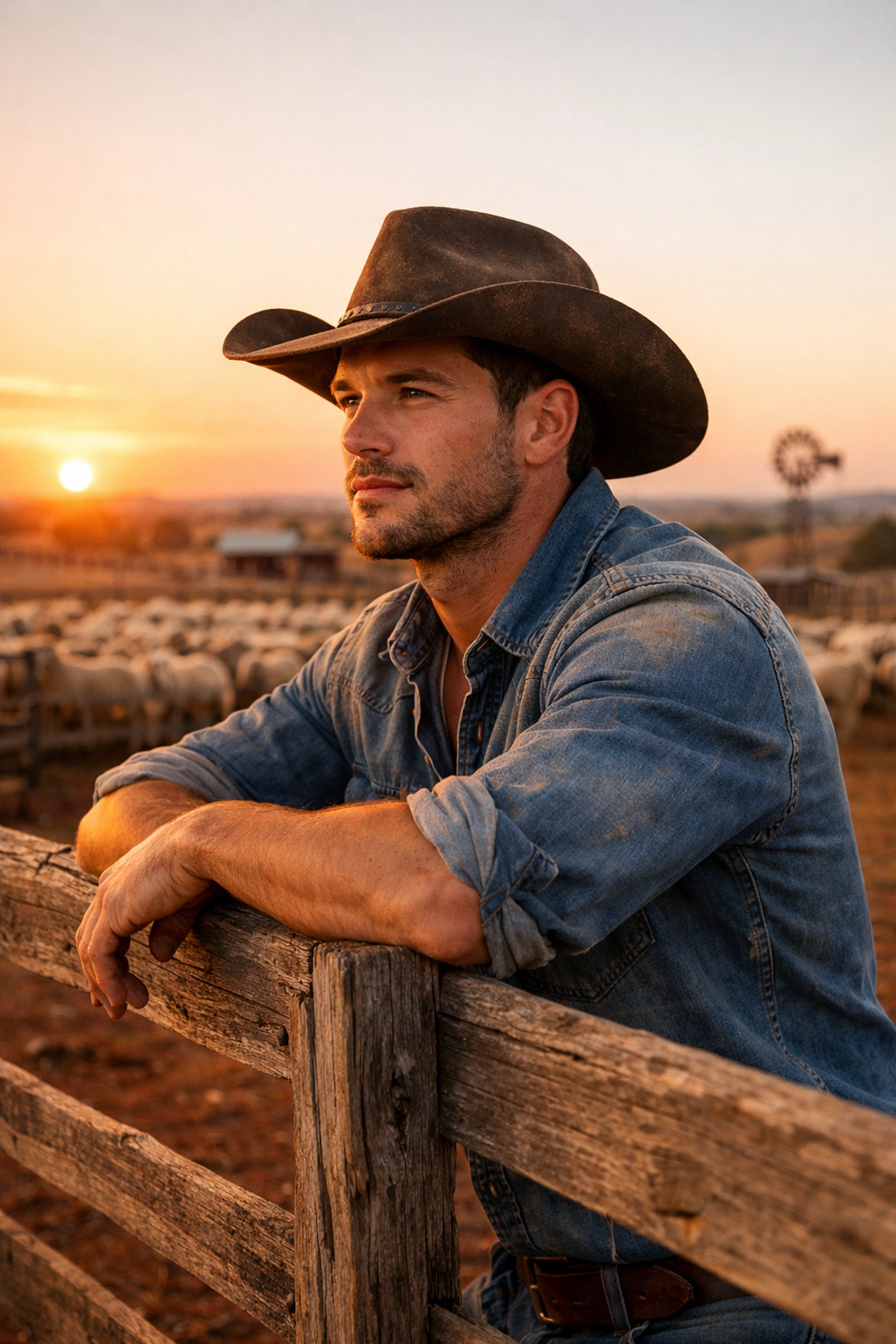A handsome gay rancher at sunset on an Australian sheep station, a popular setting for modern MM romance books.