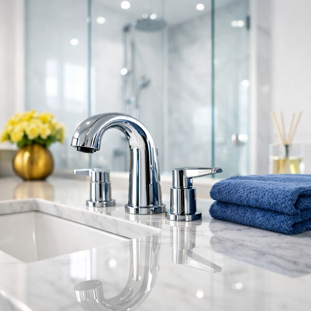 Immaculate bathroom vanity and chrome faucet after a move-out cleaning service for tenants.