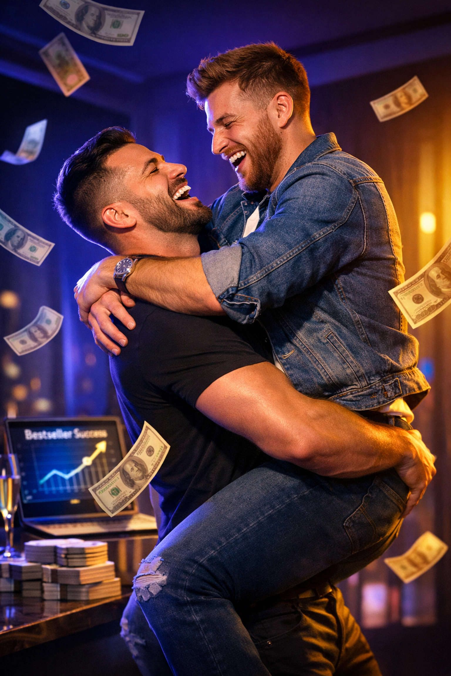 A joyful gay couple celebrates high royalty earnings and financial success from their LGBTQ+ fiction books.