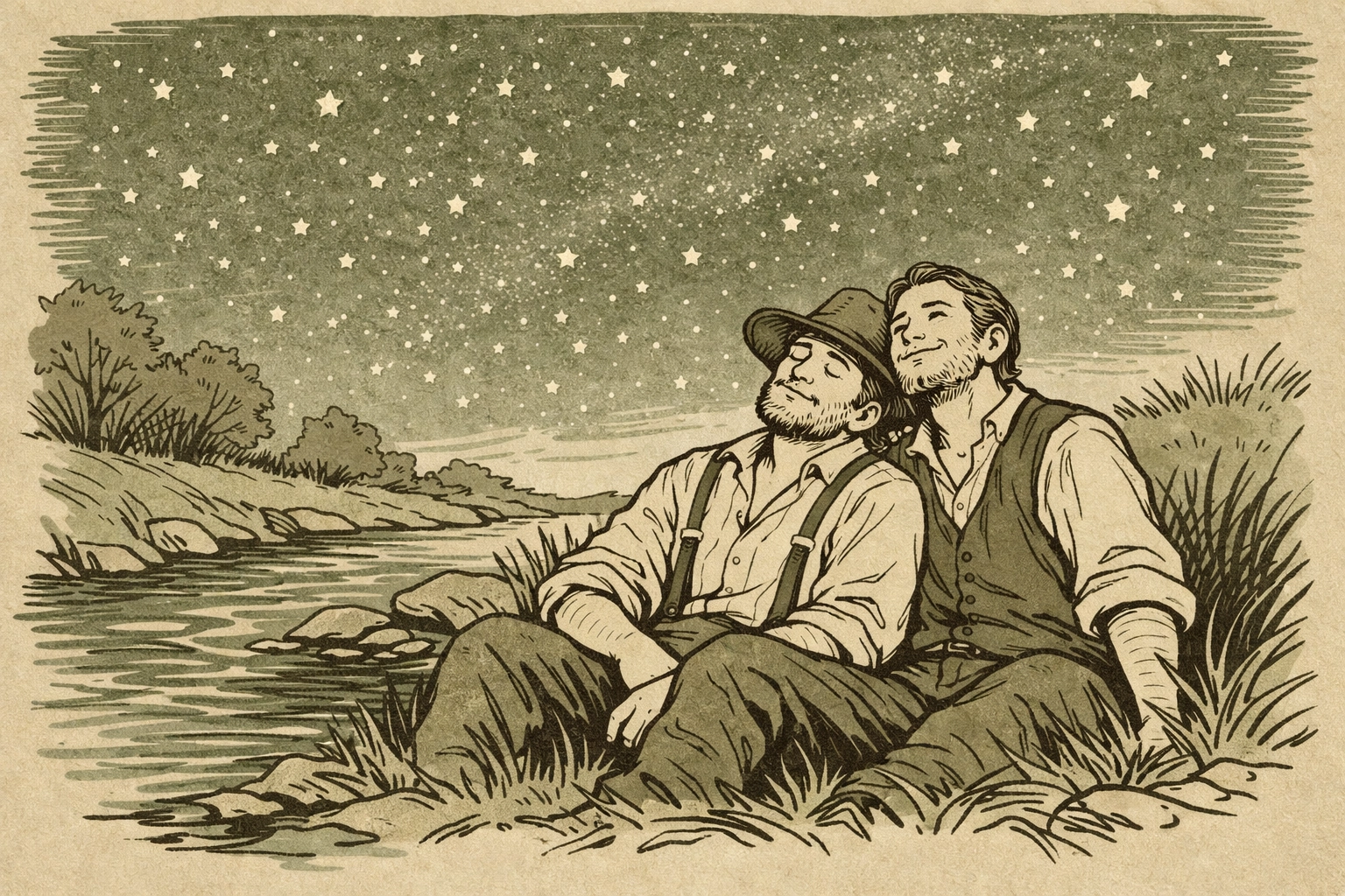 Two men find freedom and peace by creek in historical gay romance story