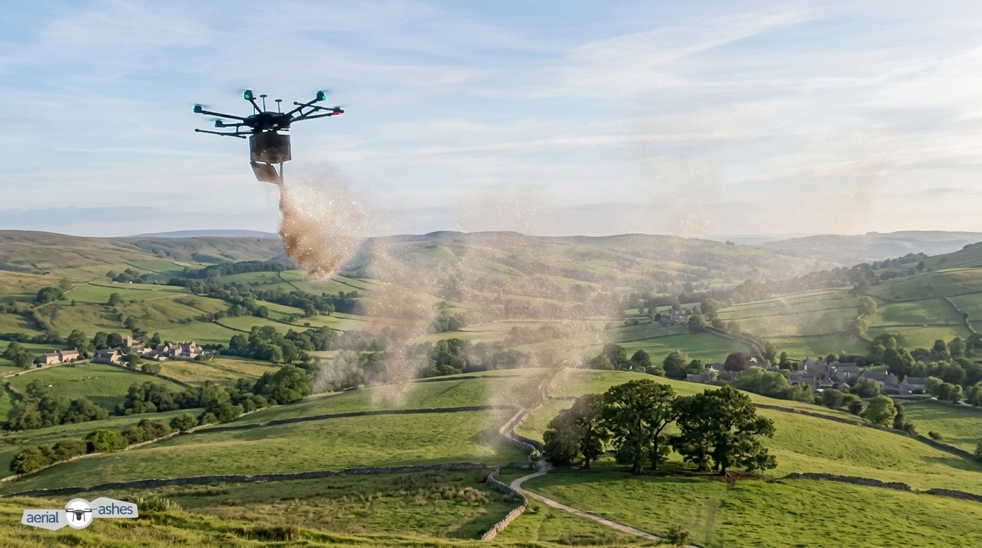 A drone releasing ashes over rolling UK hills