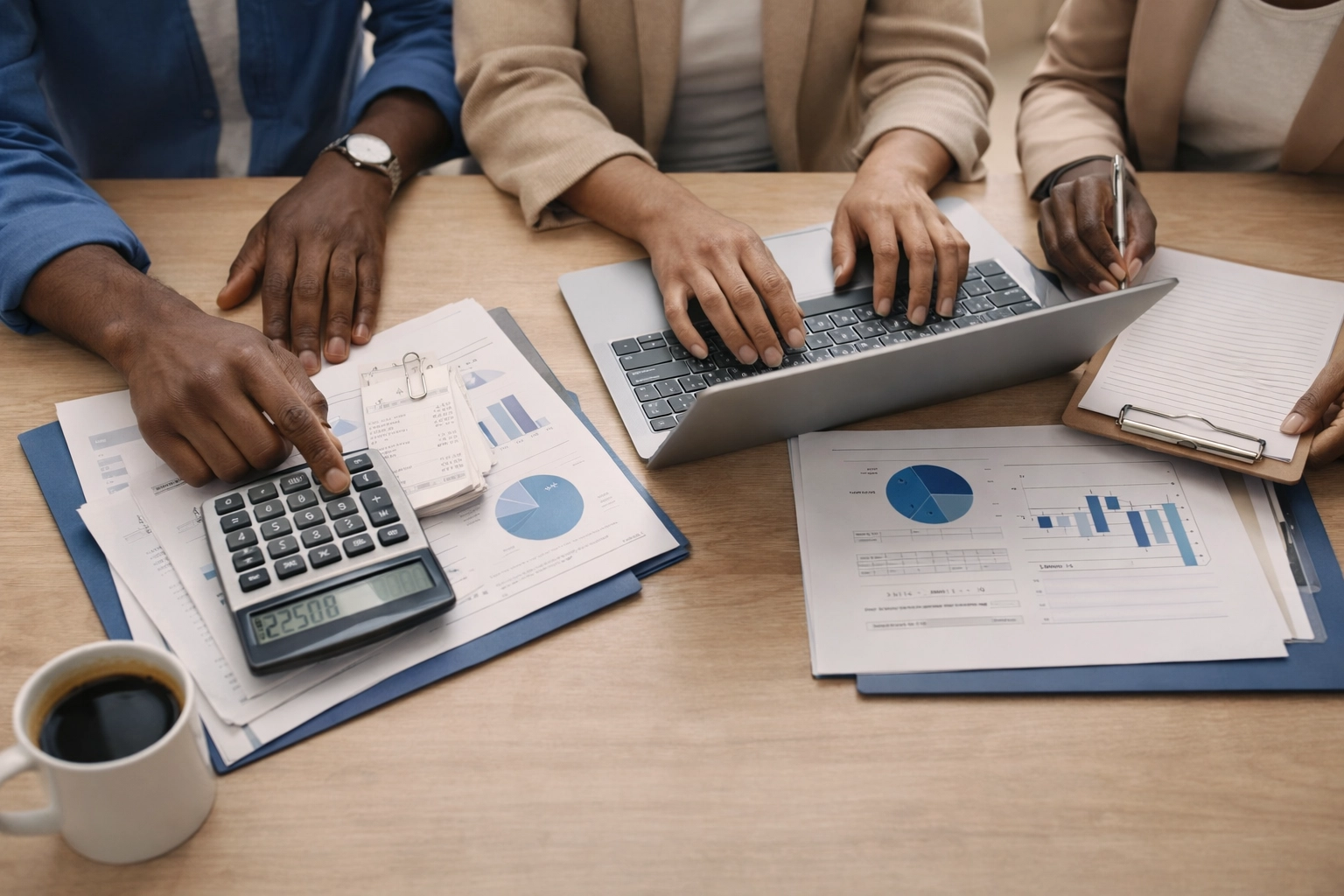 Business tax preparation documents and calculator on desk representing compliance filing work