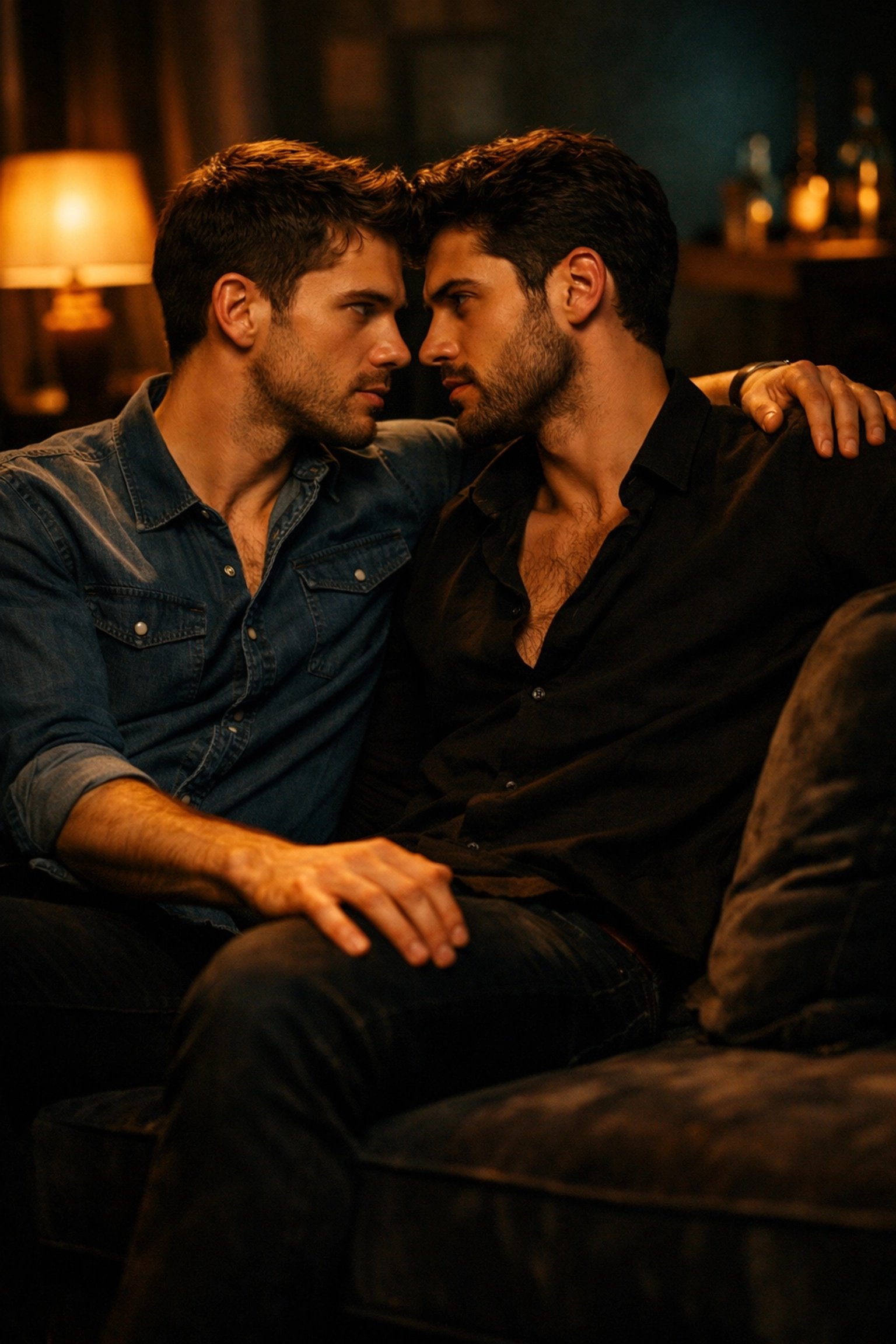 Two men sharing a romantic moment on a sofa, capturing the intense chemistry of a slow burn MM romance.