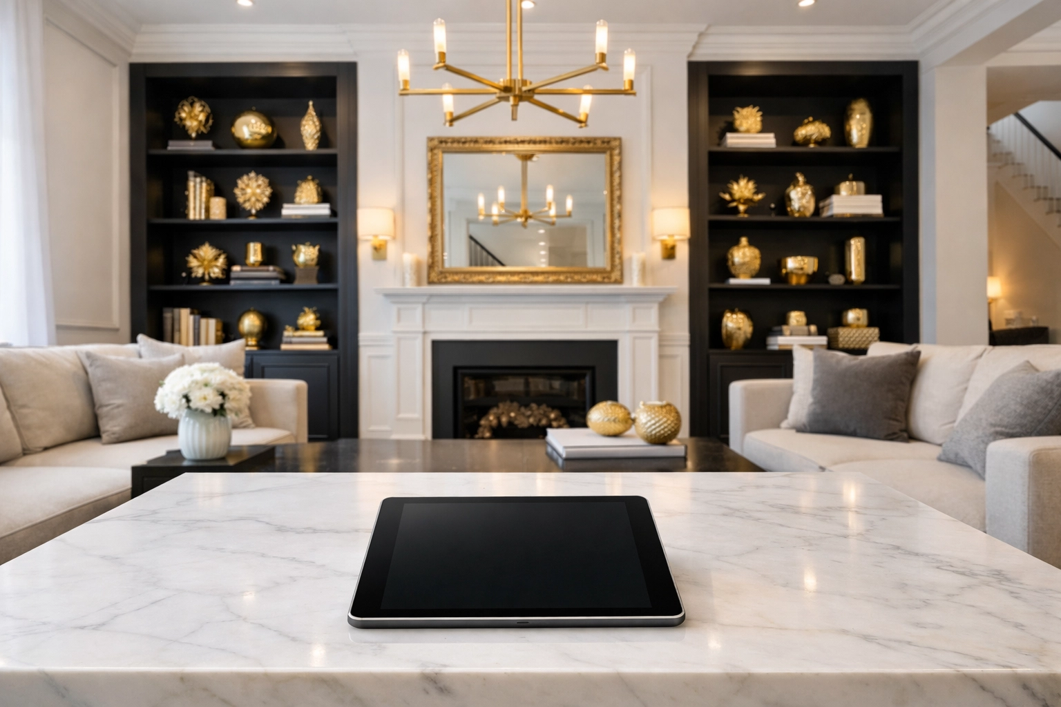 Elegant townhouse living room with a digital tablet used for meticulous property inventory reports.