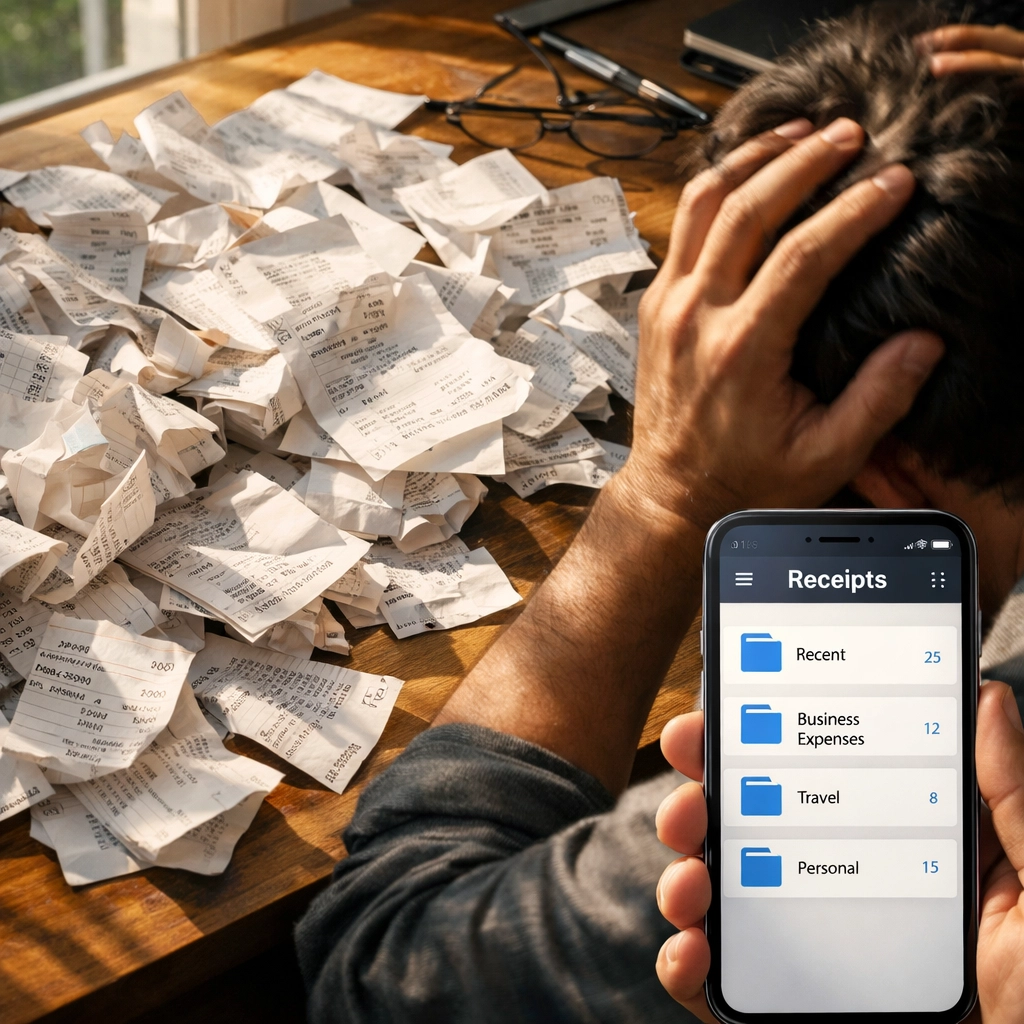 Scattered paper receipts versus organized digital receipt storage app on smartphone