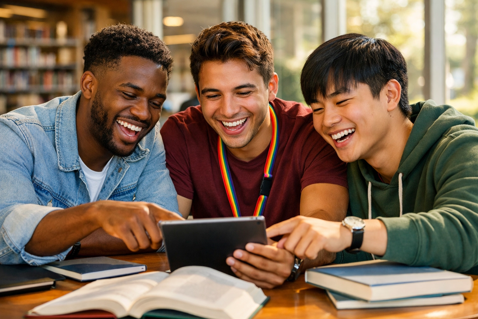Diverse queer students collaborating in a university library, building community and queer leadership skills.