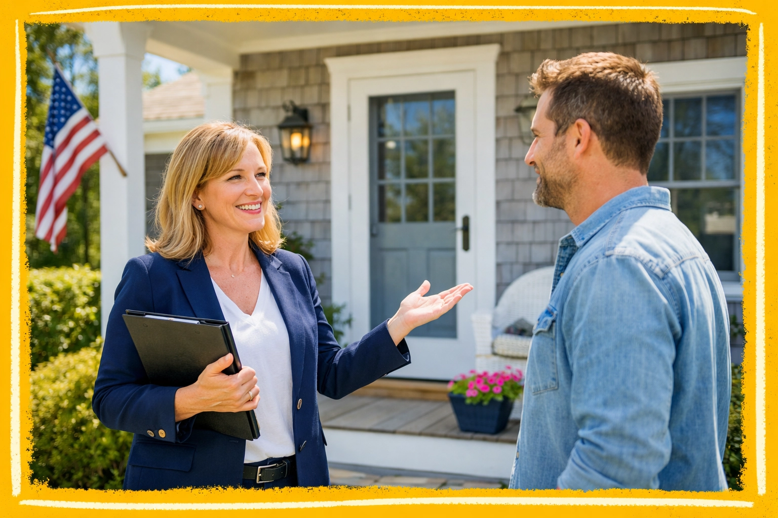 A friendly CT realtor and client discussing the sale of a family cottage on a bright day.