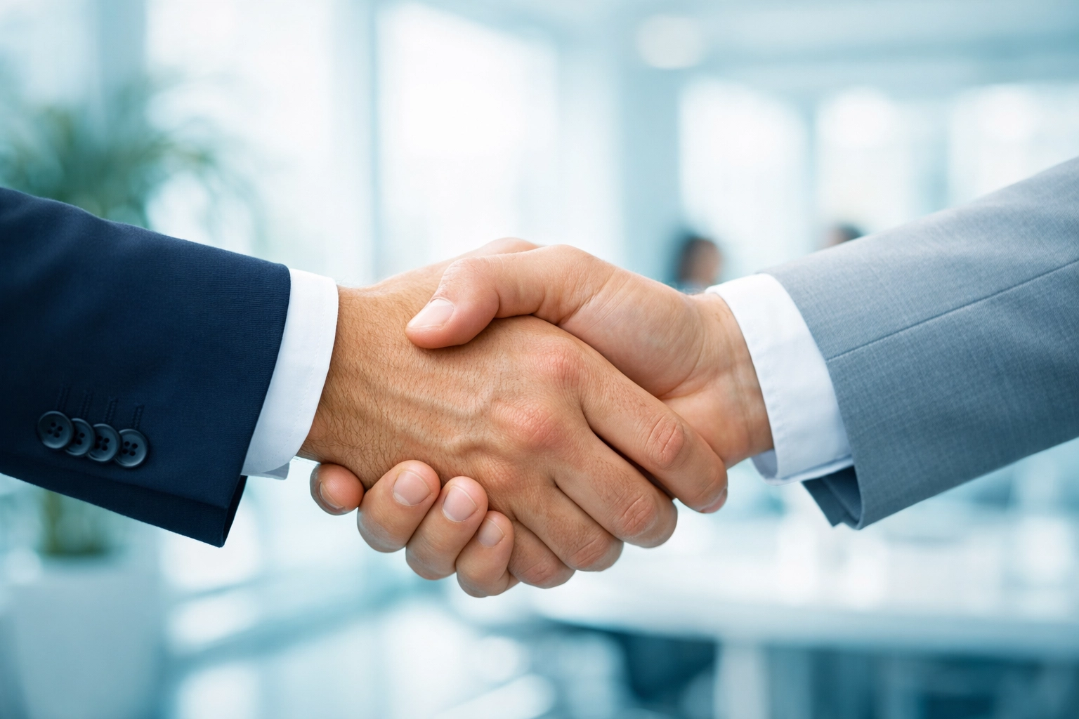 A professional handshake symbolizing business partnership and long-term customer loyalty in a modern office.