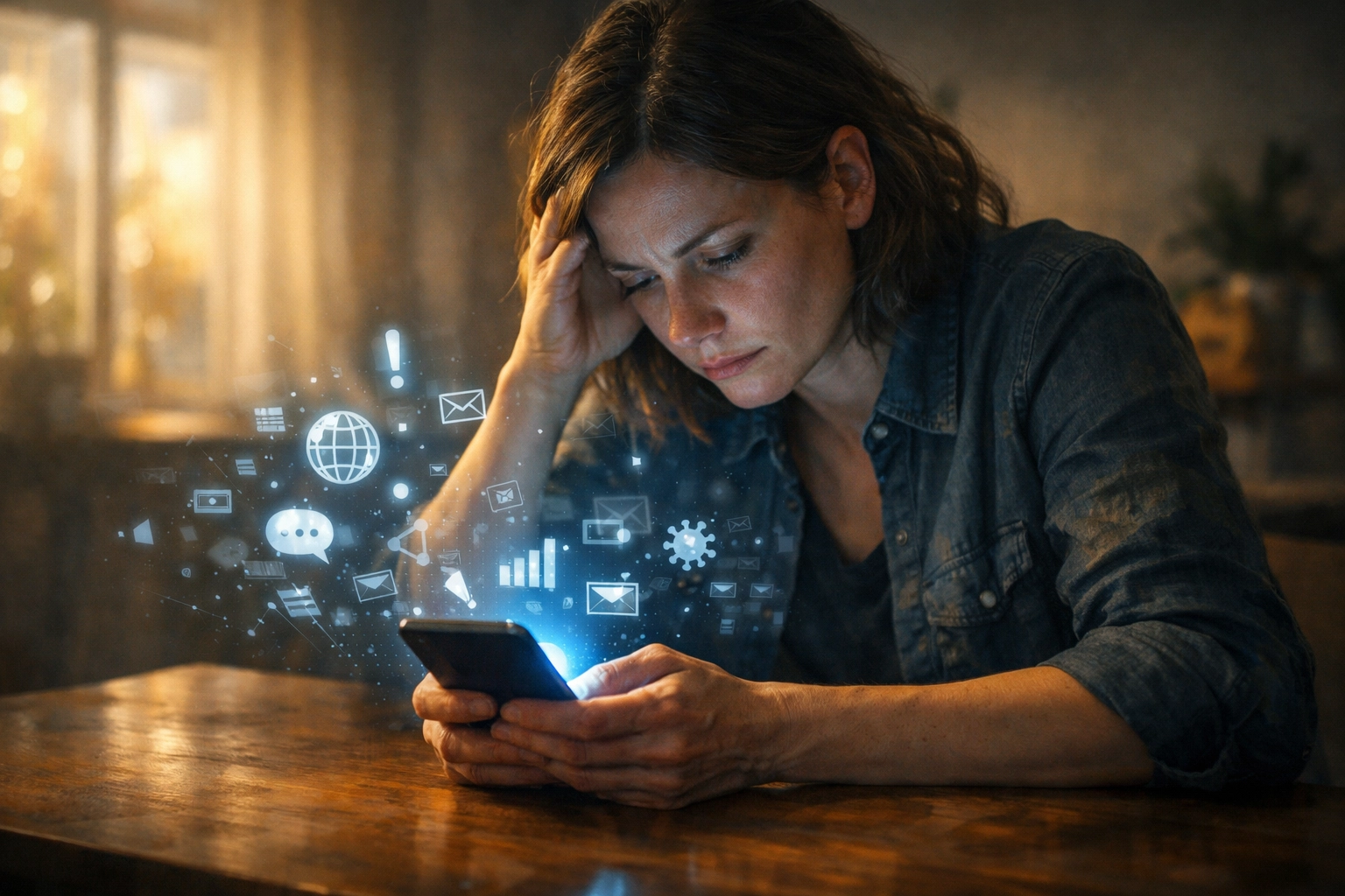 A person looking overwhelmed by news on a smartphone, illustrating compassion fatigue and midday anxiety.