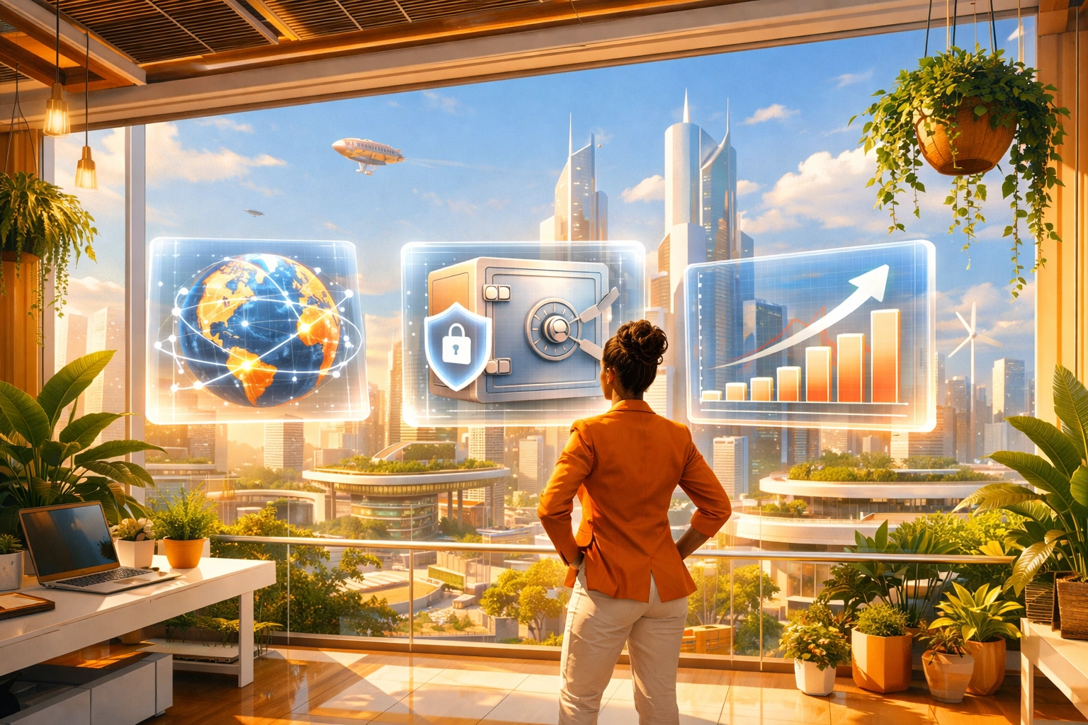 An entrepreneur managing a bank-free business using self-custody merchant accounts and a global dashboard.