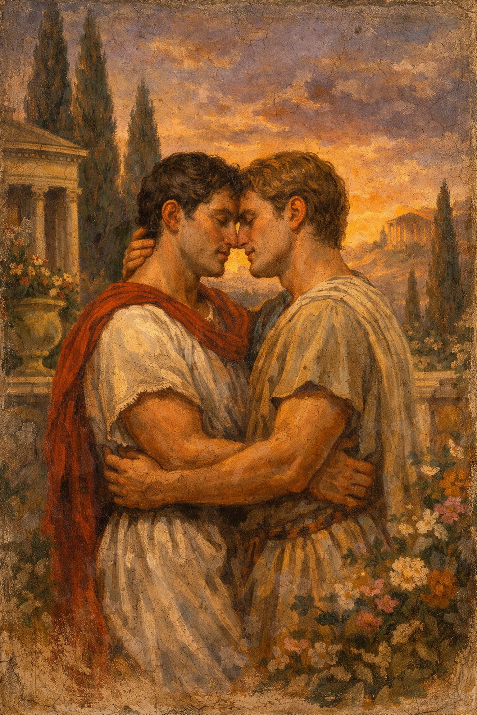 Two Roman men embracing in garden scene from ancient gay literature tradition