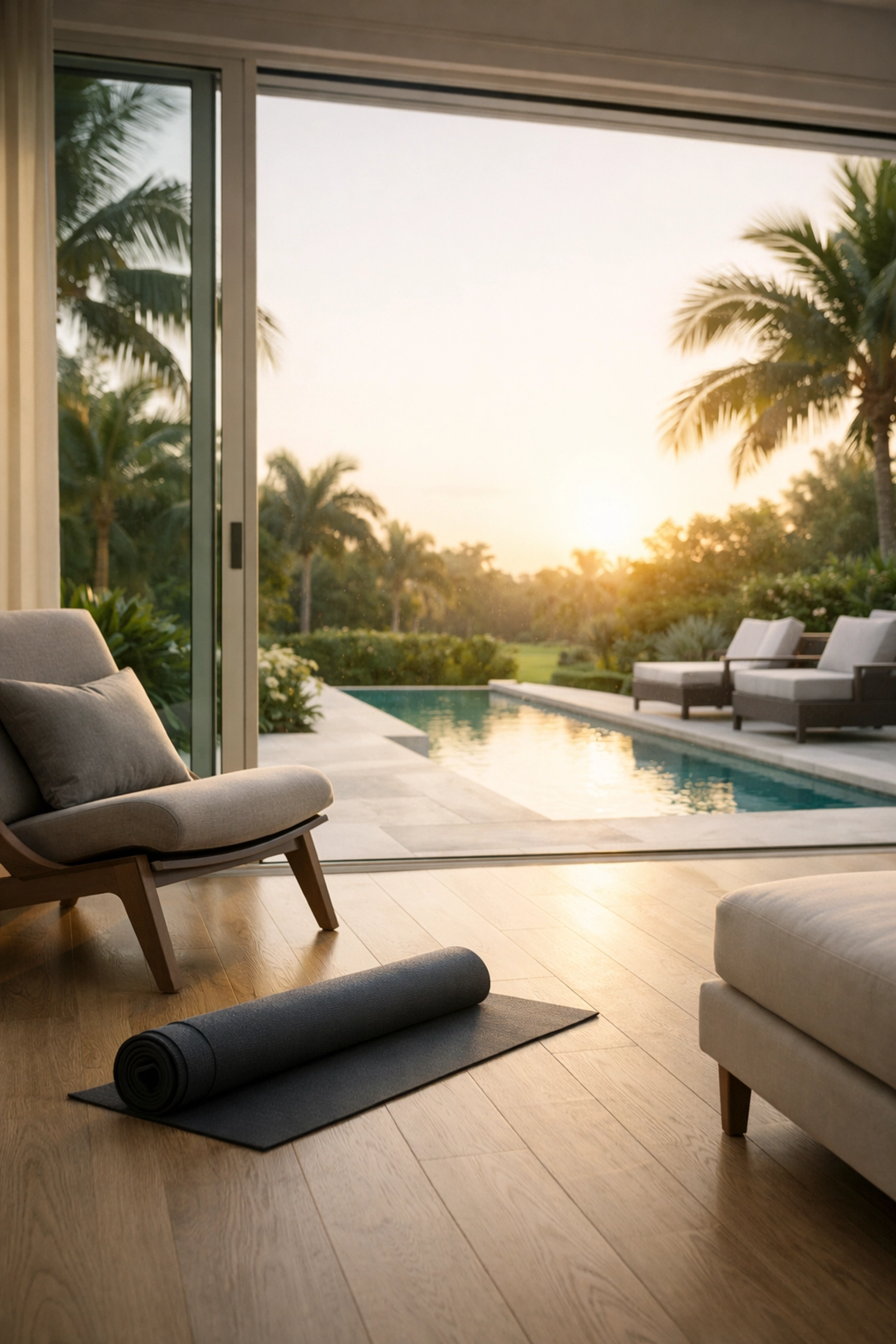 A serene South Florida home interior with a yoga mat and infinity pool, reflecting a mindful lifestyle relocation.