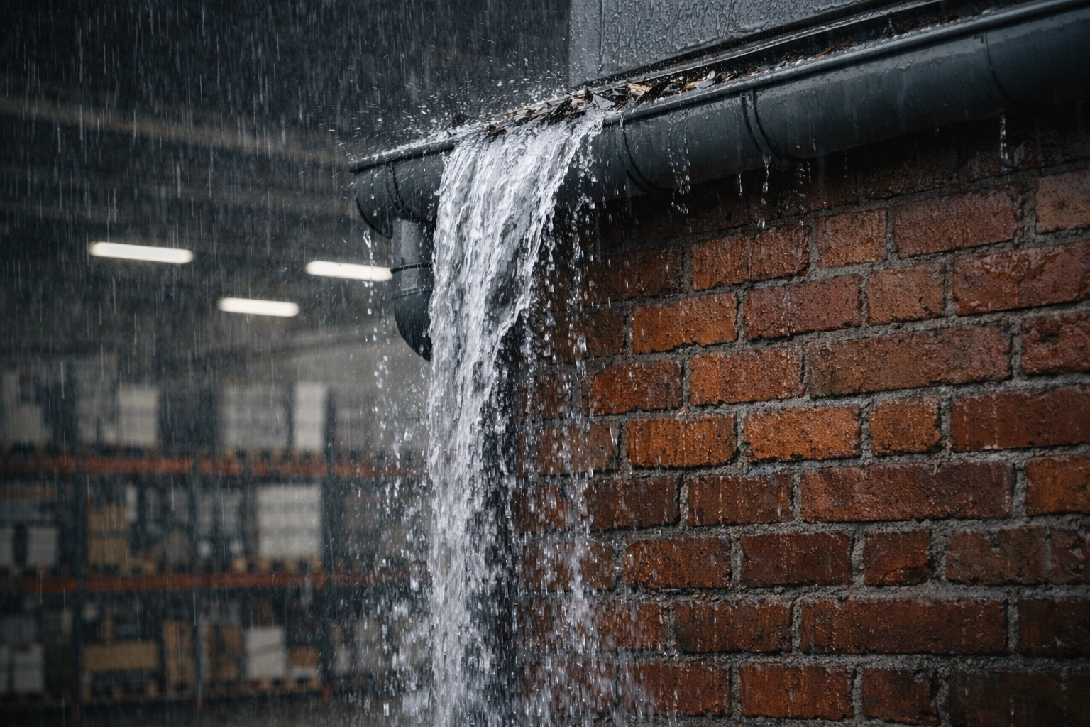 Blocked industrial warehouse gutter overflowing during a rainstorm, risking water damage to brickwork.