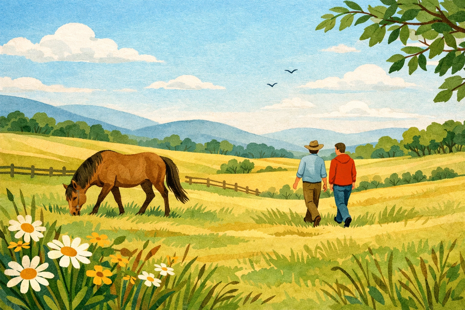 Illustration of an outdoor equine facilitated psychotherapy session in a serene, open pasture.