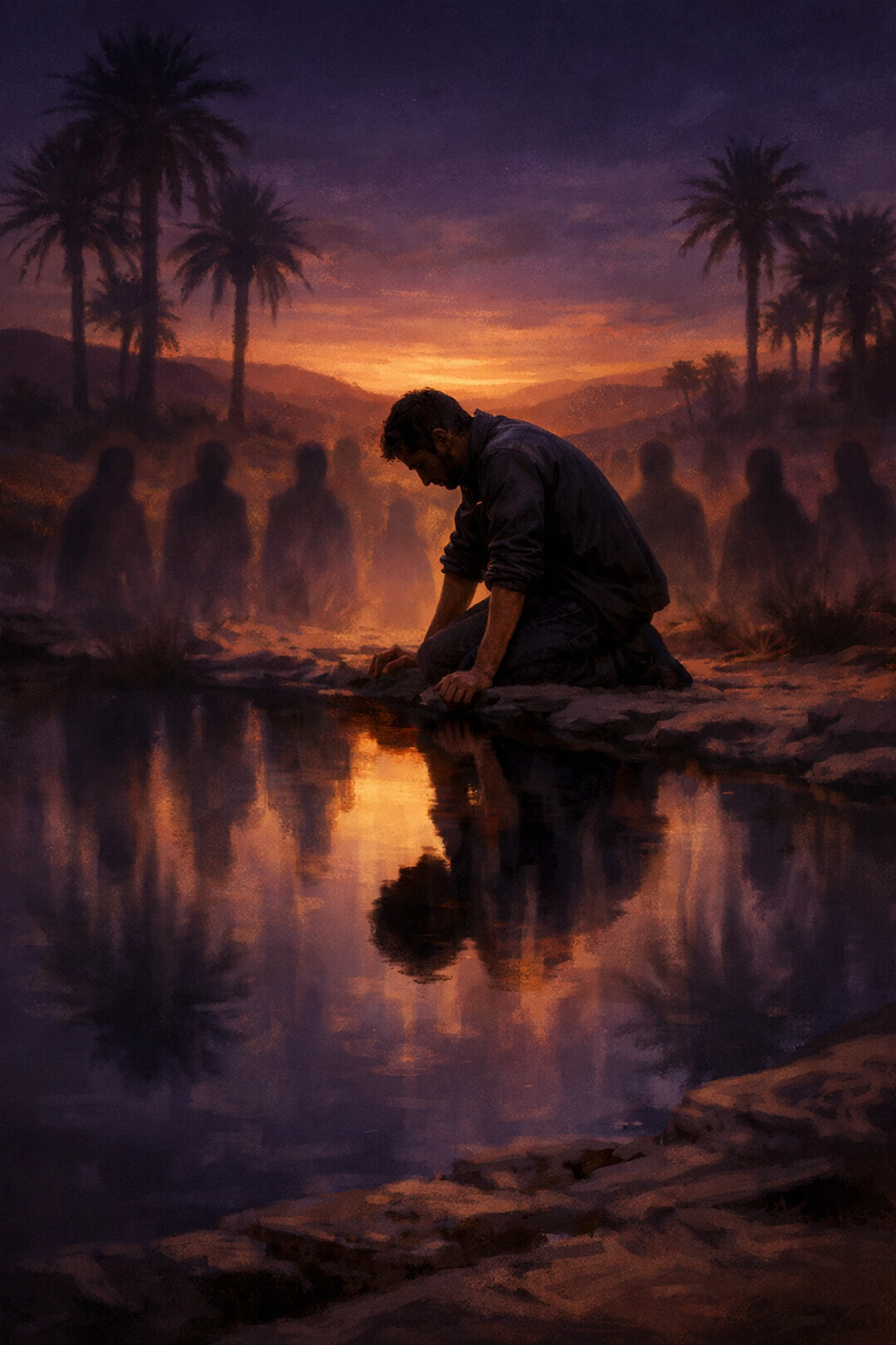 Man kneeling at desert oasis pool with reflections at twilight during spiritual journey