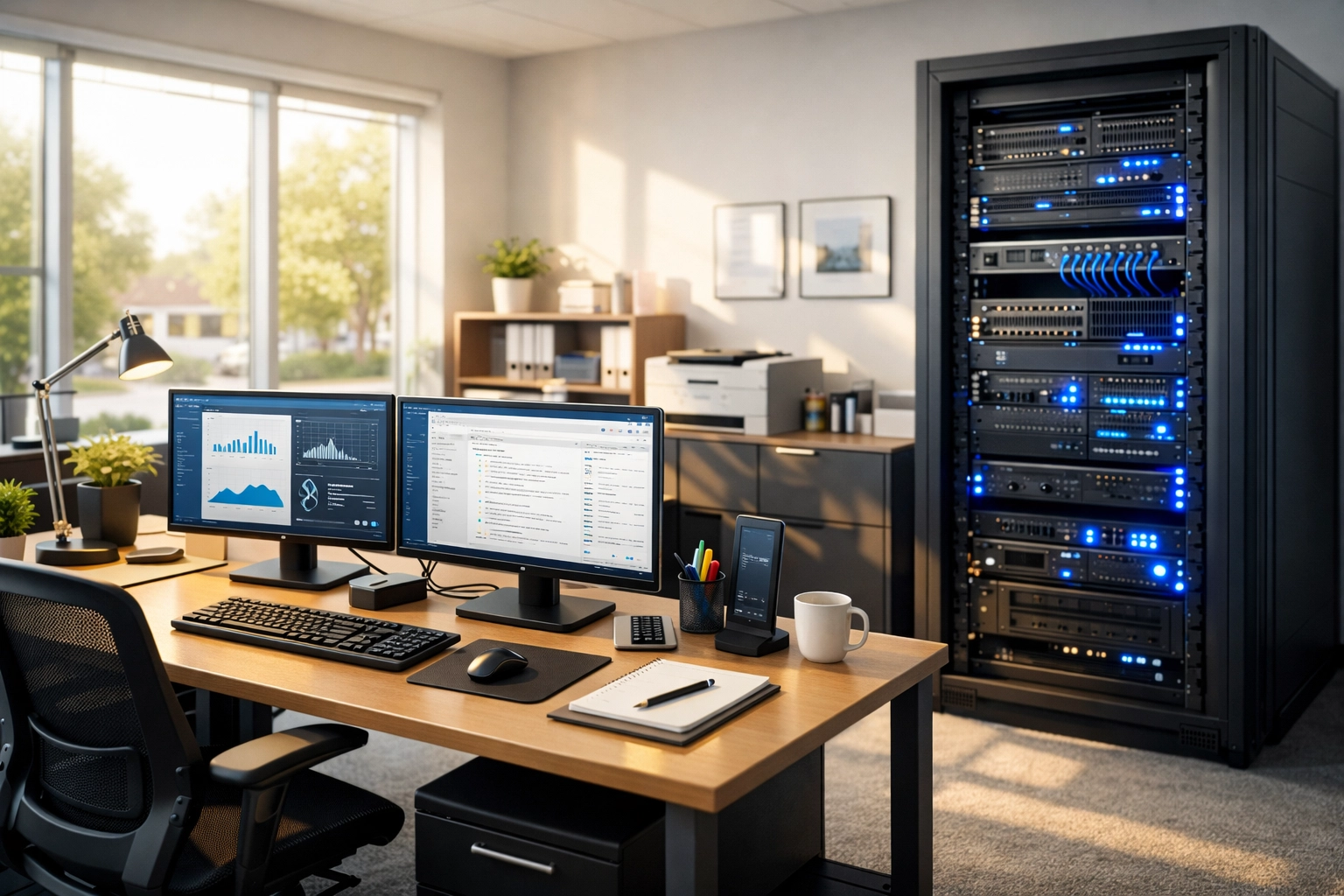 A modern business office with organized workstations and network equipment managed by local IT support experts.