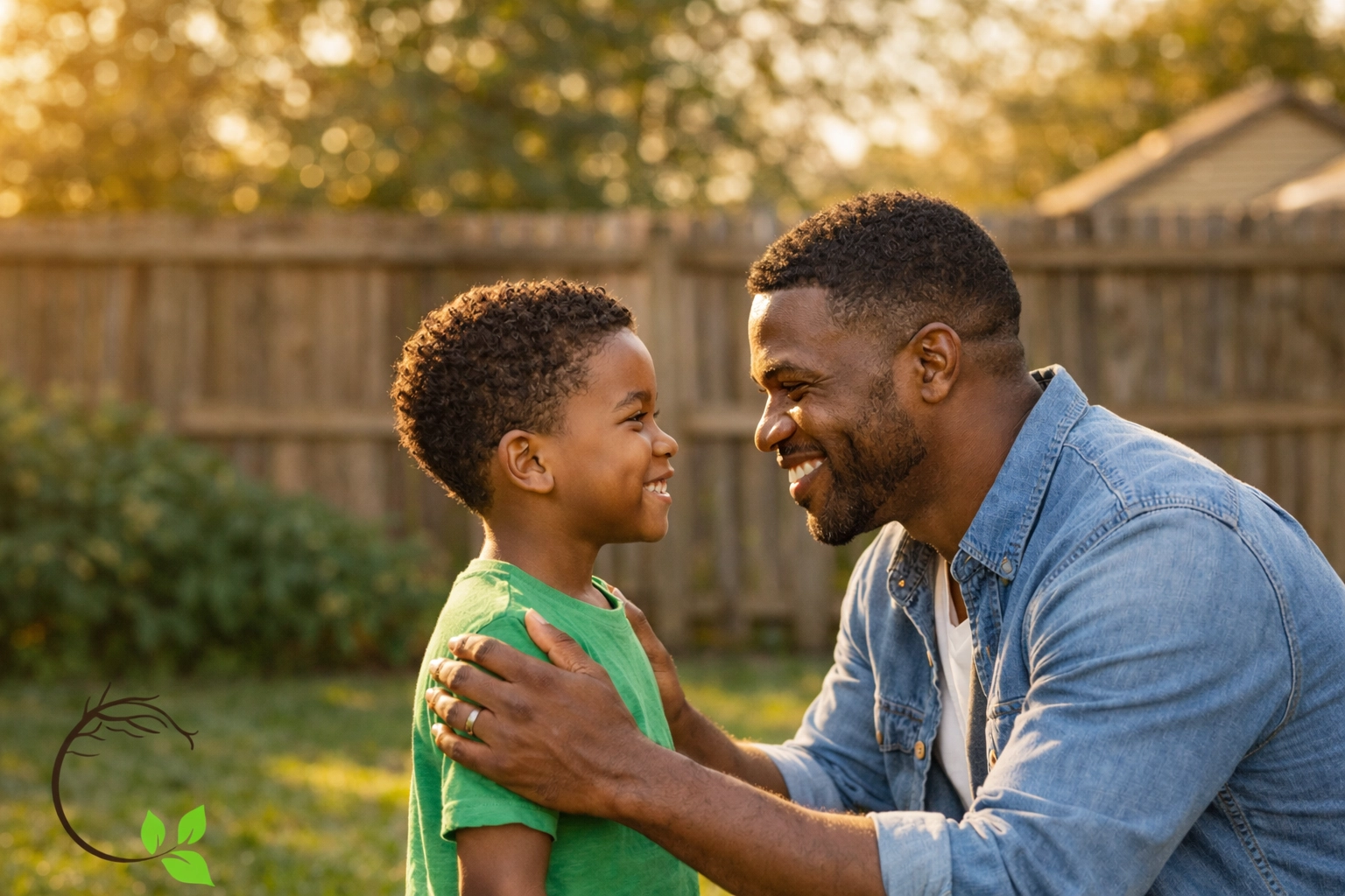 Black father kneeling with young son in backyard showing emotional connection