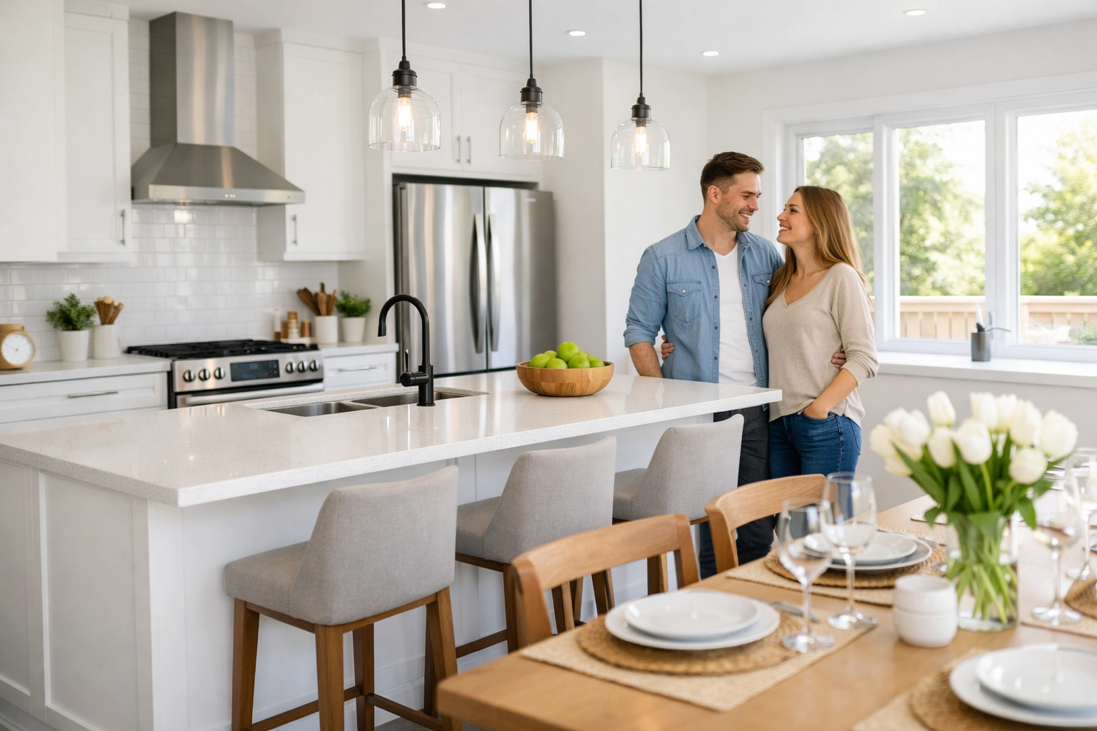 Modern interior of a new Newmarket home featuring a bright kitchen and quartz countertops.
