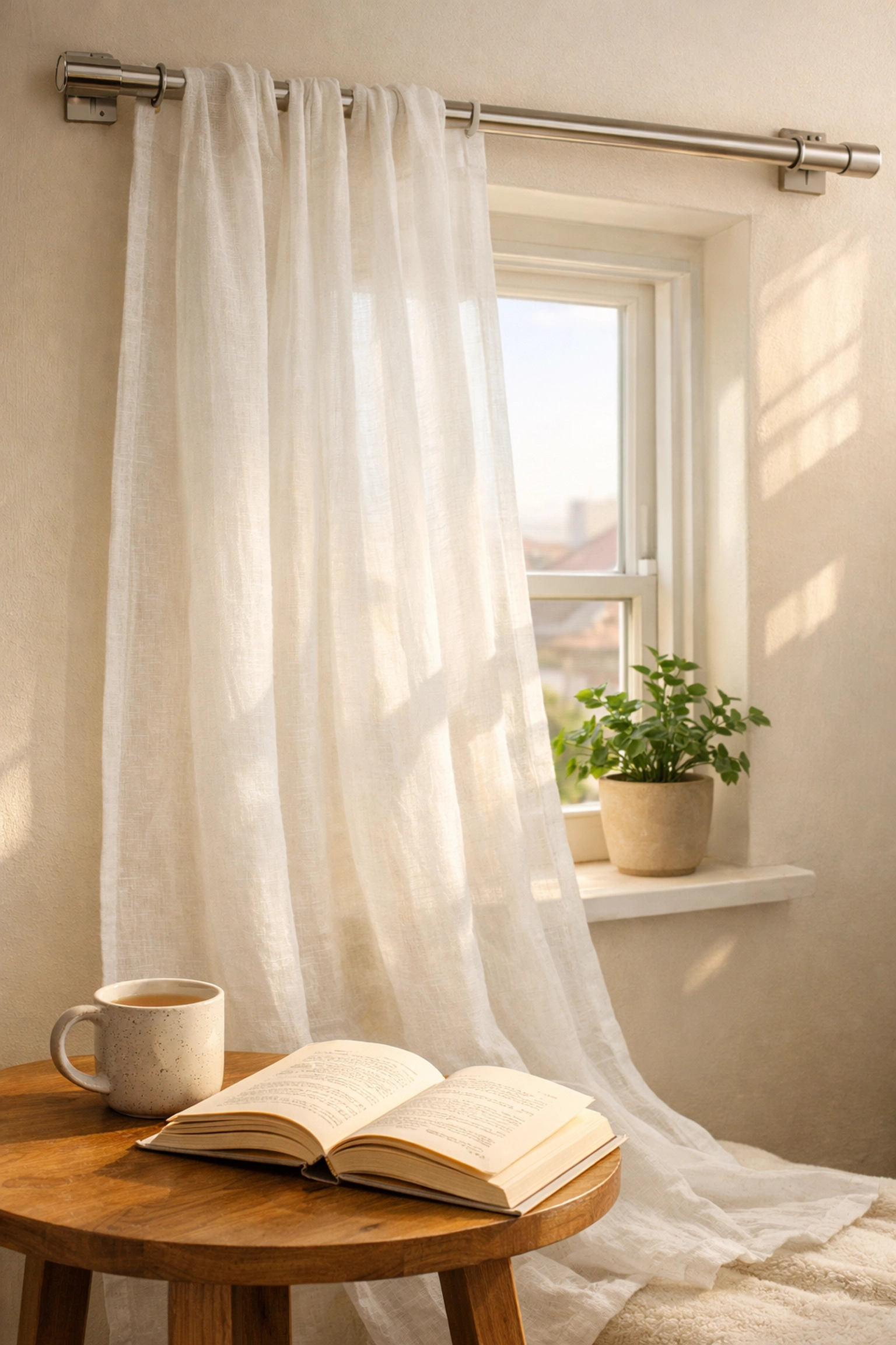 White linen curtains hung with no-drill brackets in a bright rental apartment window