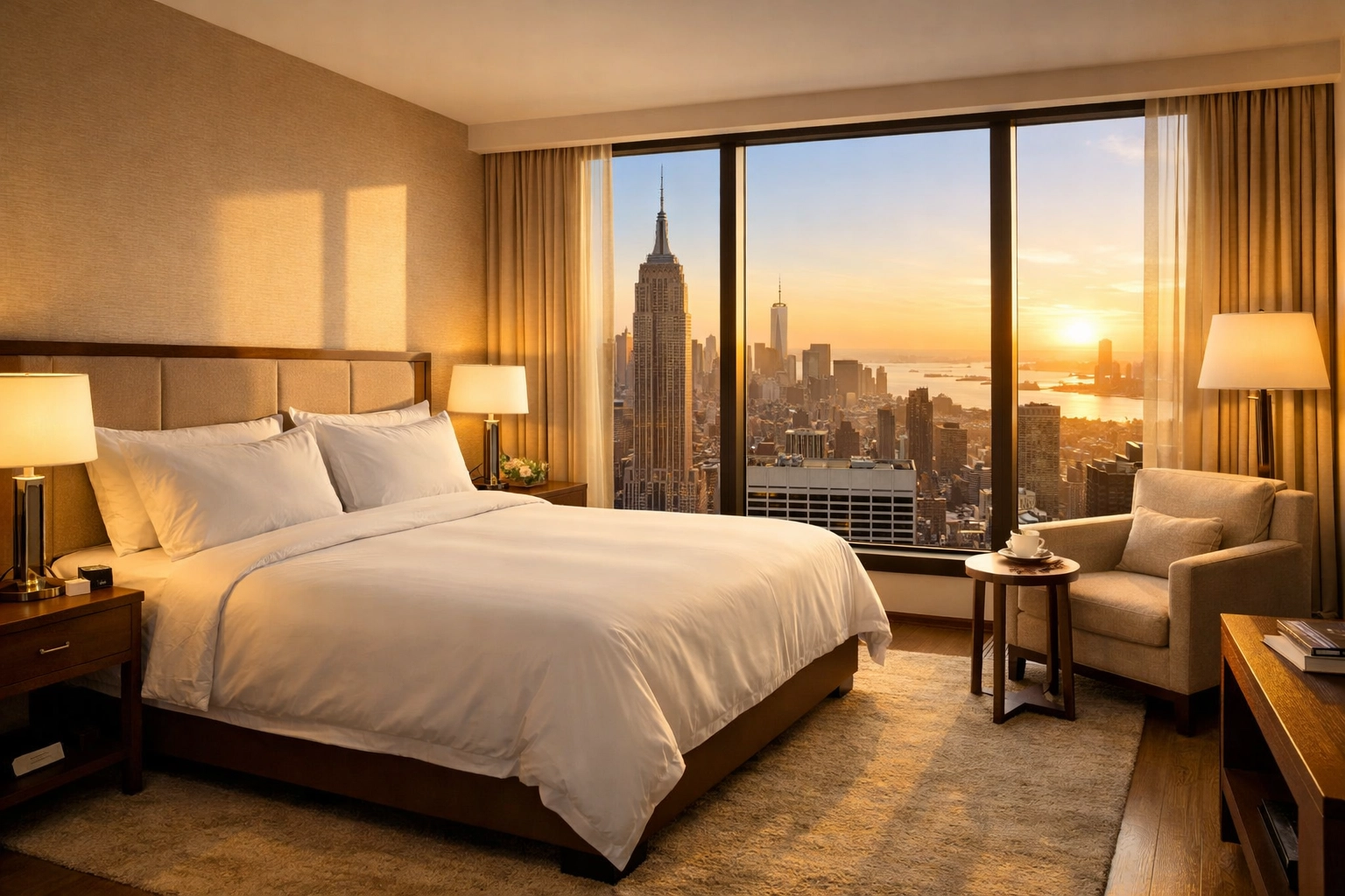 Luxury hotel room with a king-sized bed, Empire State Building view, and sunset over NYC skyline, highlighting comfort and city exploration during NYC Hotel Week.